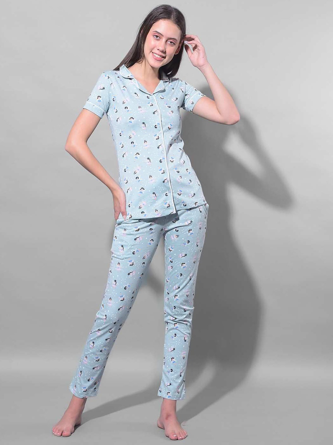 

Dollar Missy Graphic Printed Lapel Collar Shirt With Pyjamas, Sea green