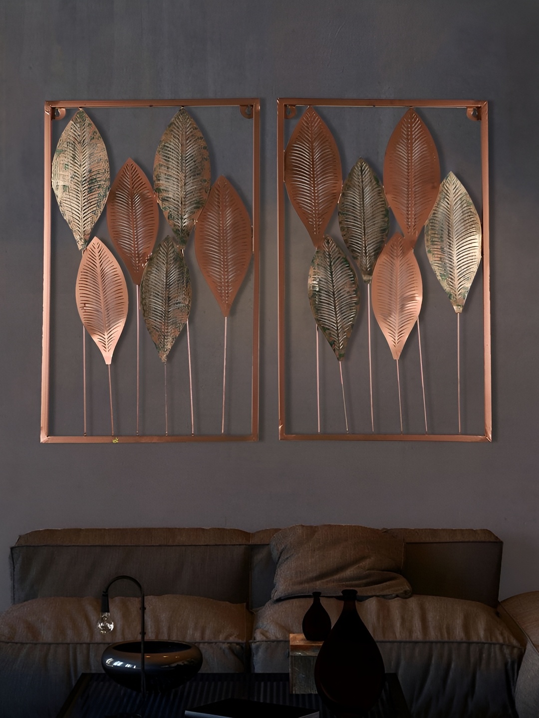 Amaya Decors Orange & Brown 2 Pieces Metal Wall Hangings, Copper