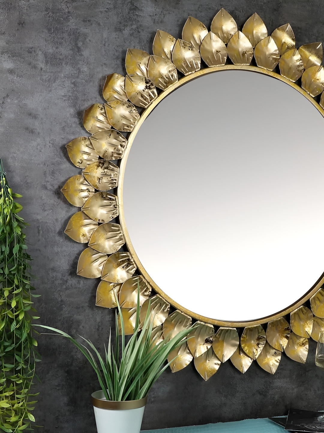 

Amaya Decors Gold toned Foil Leaves Wall Mirror