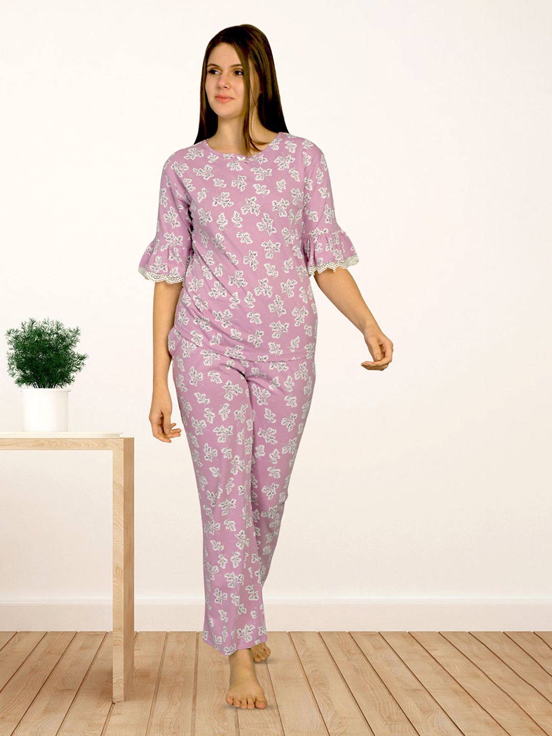 

MAYSIXTY Floral Printed T-Shirt With Pyjamas, Purple