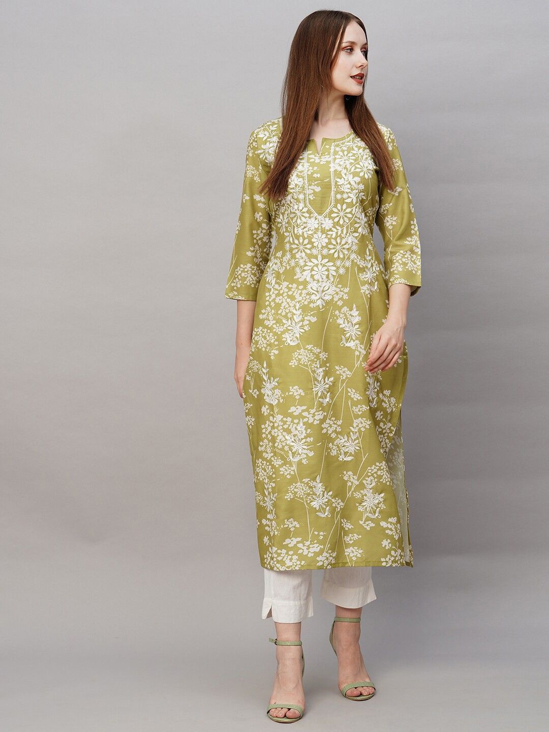 

Anni Designer Floral Embroidered Notched Neck Chikankari Straight Kurta, Lime green