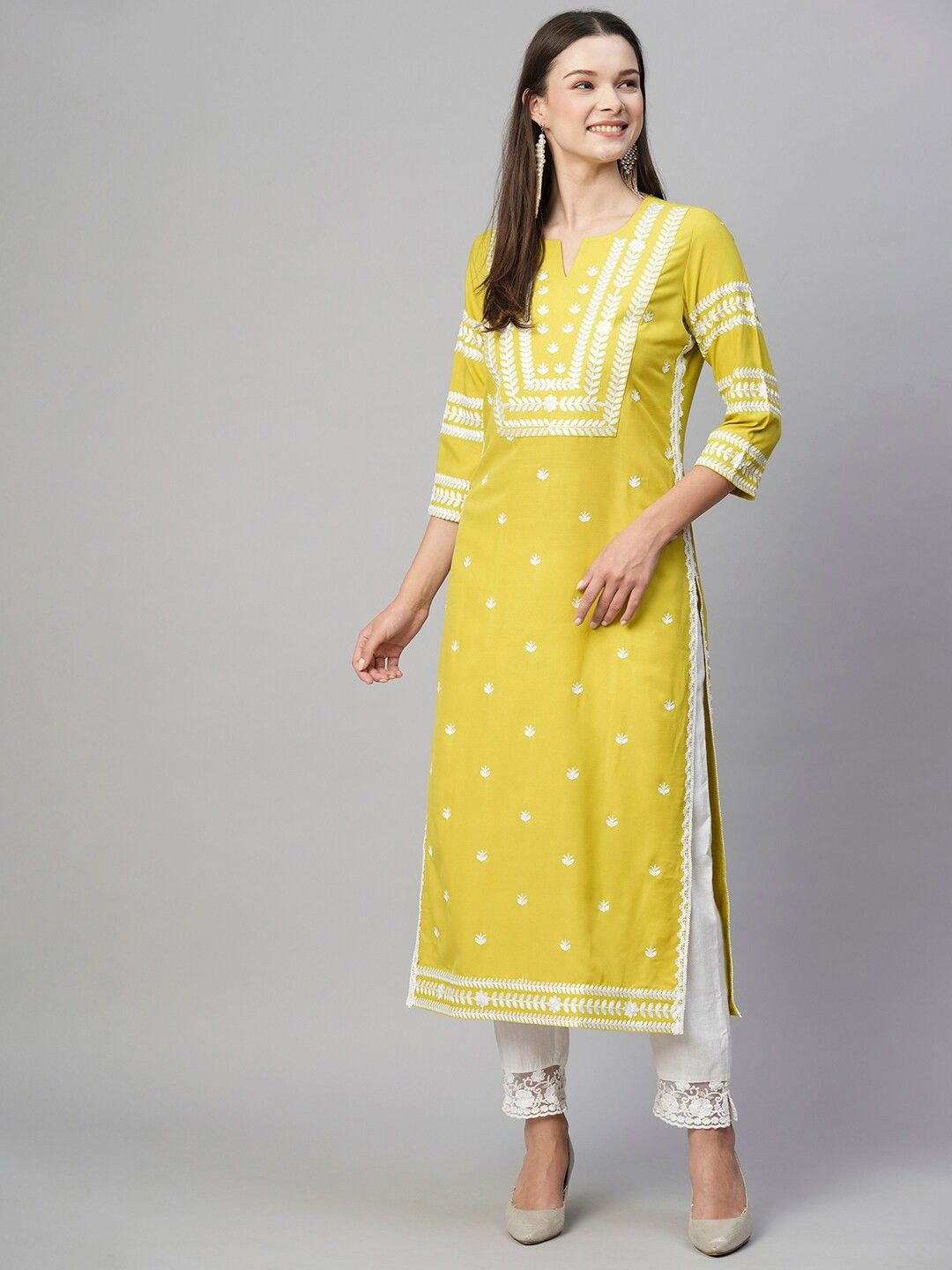 

Anni Designer Ethnic Motifs Embroidered Notch Neck Chikankari Straight Kurta, Yellow