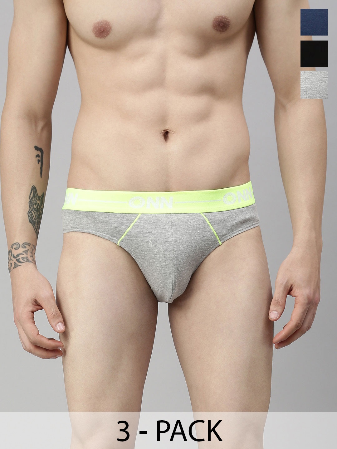 

ONN Pack Of 3 Mid-Rise Pure Cotton Basic Briefs ONN_262_AST1_3PC, Assorted