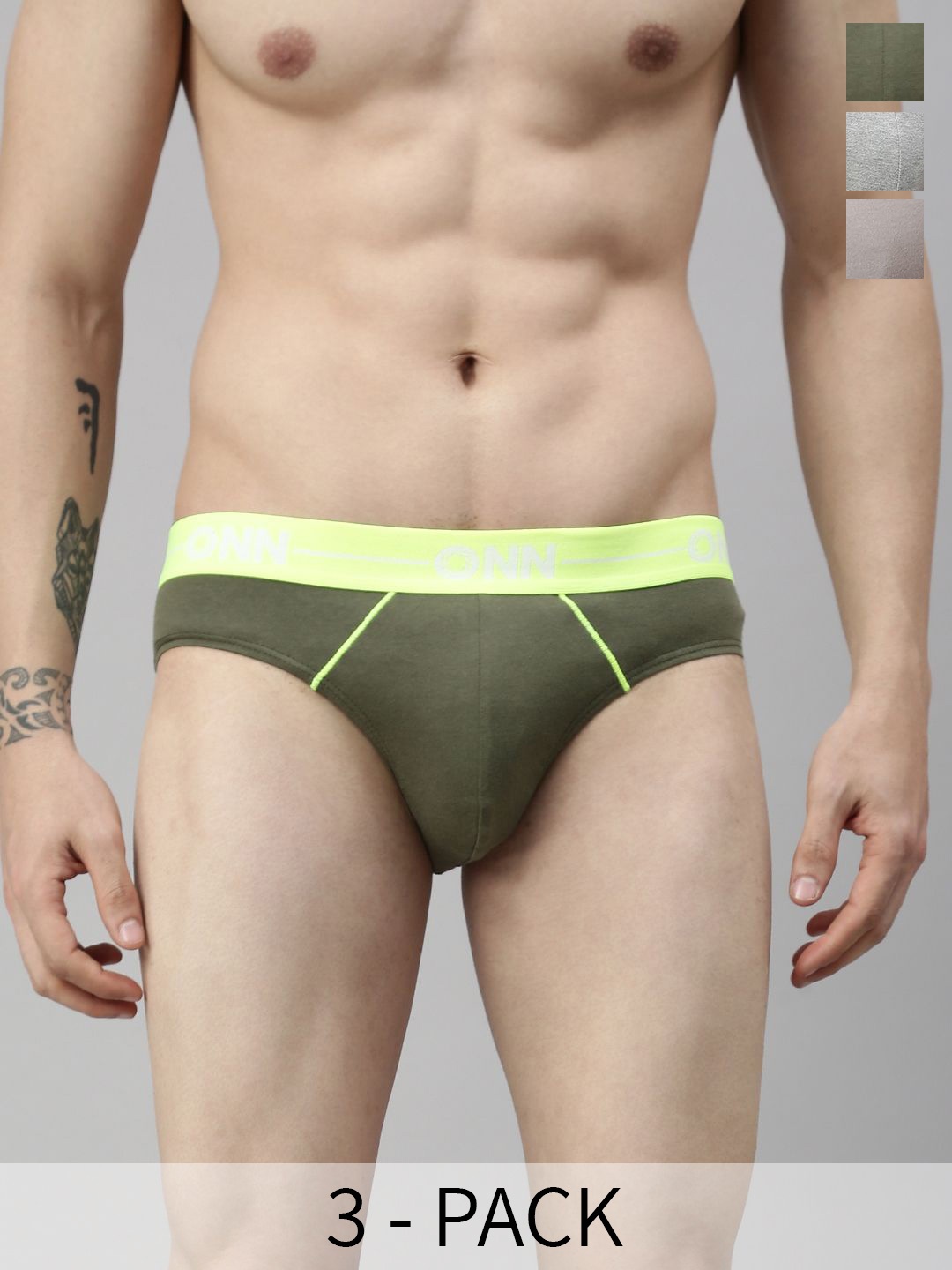 

ONN Pack Of 3 Mid-Rise Combed Cotton Basic Briefs ONN_262_AST4_3PC, Green