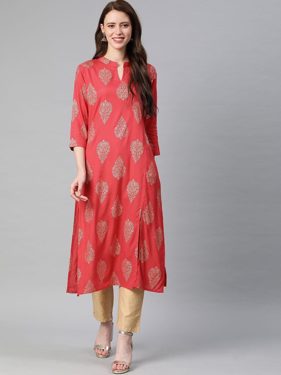 

Swishchick Ethnic Motifs Printed Mandarin Collar Three-Quarter Sleeves Cotton Kurta, Pink