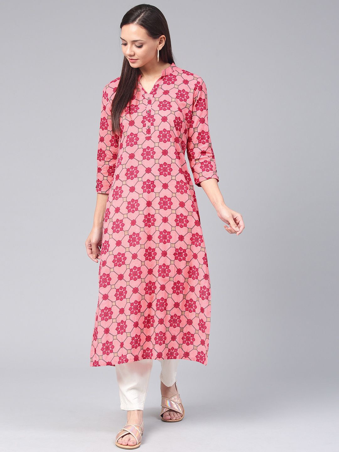 

Swishchick Floral Printed Mandarin Collar Three-Quarter Sleeves Cotton Kurta, Pink