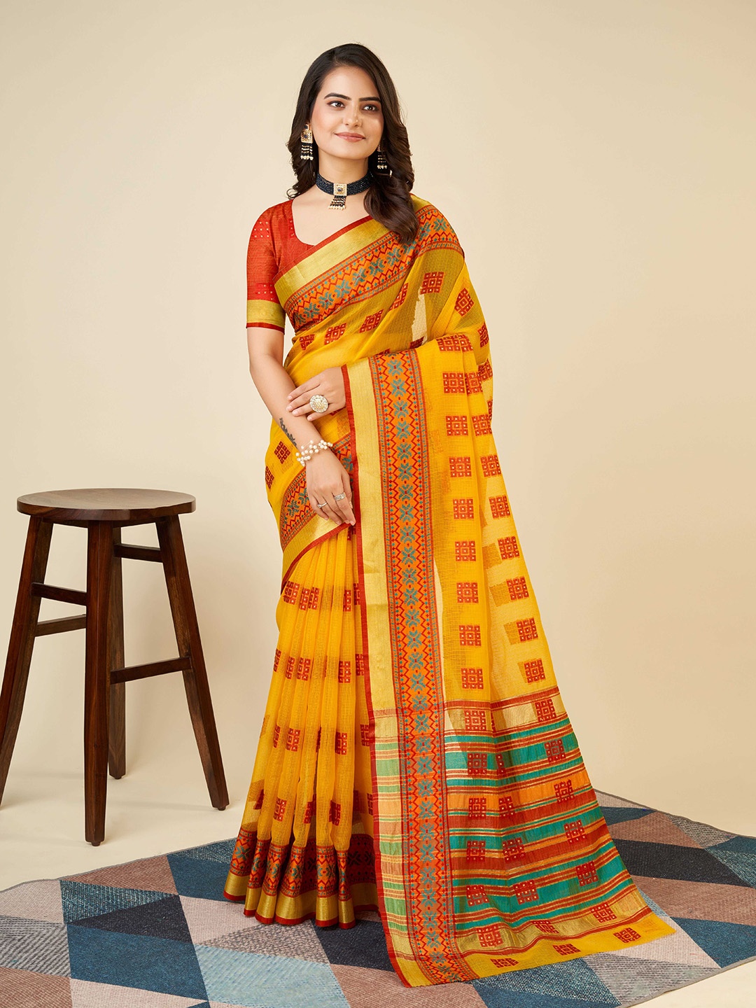 

HEER FASHION Woven Design Zari Kota Saree, Yellow