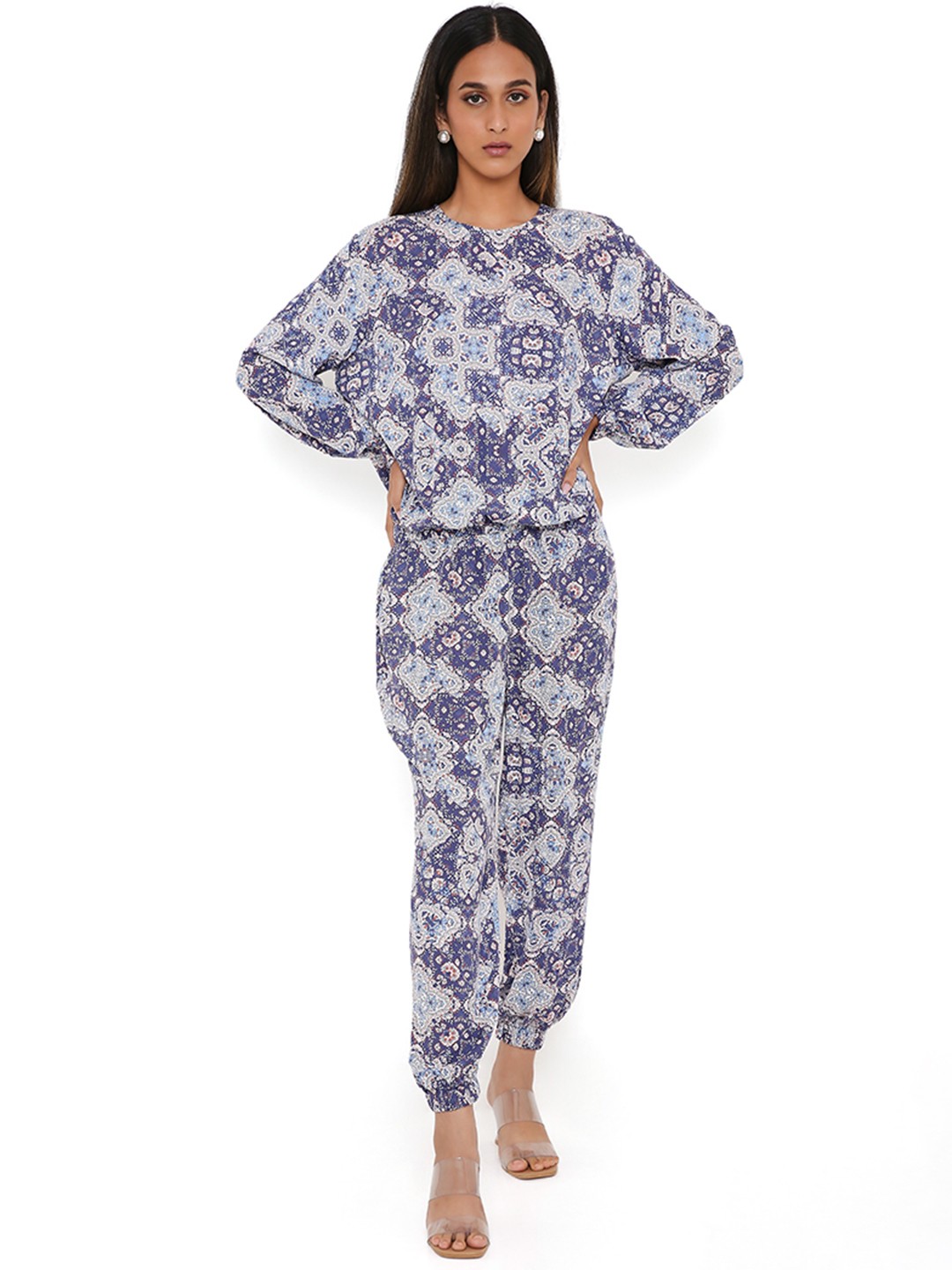 

PS PRET BY PAYAL SINGHAL Women Printed Rayon Top with Joggers, Blue