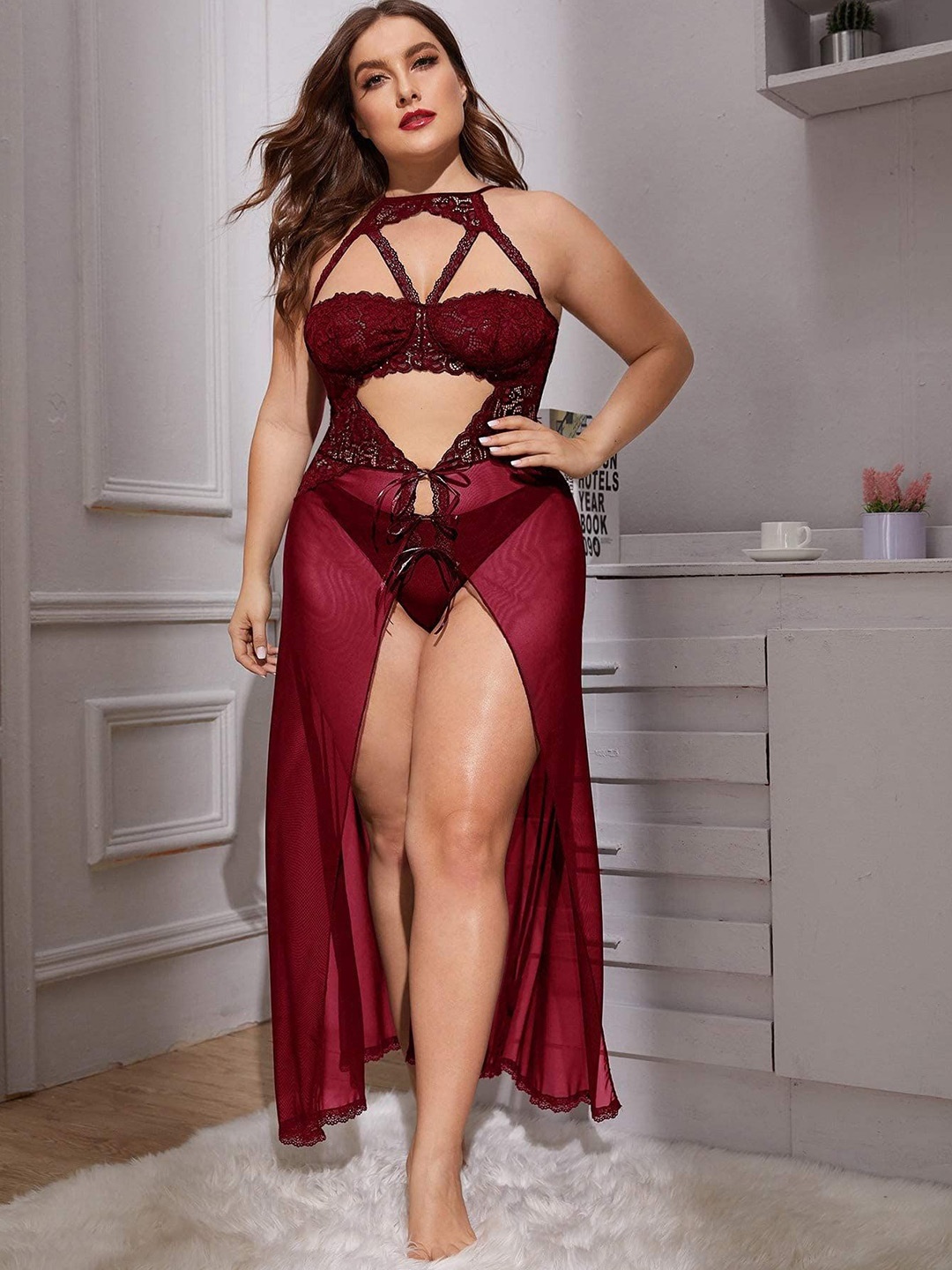 

Softwrap Self Design Net Baby Doll, Maroon