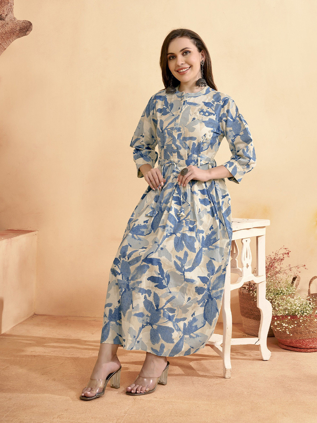 

Anouk Cotton Printed A-Line Midi Dress, Blue