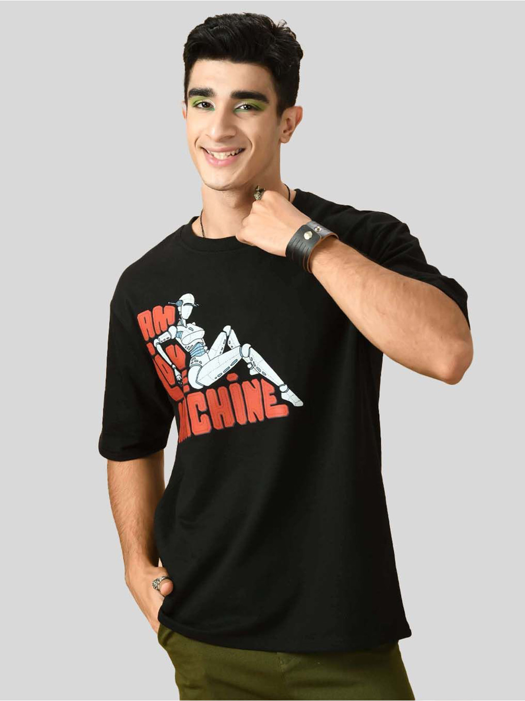 

OFFMINT Men Graphic Printed Round Neck Cotton Oversized T-shirt, Black