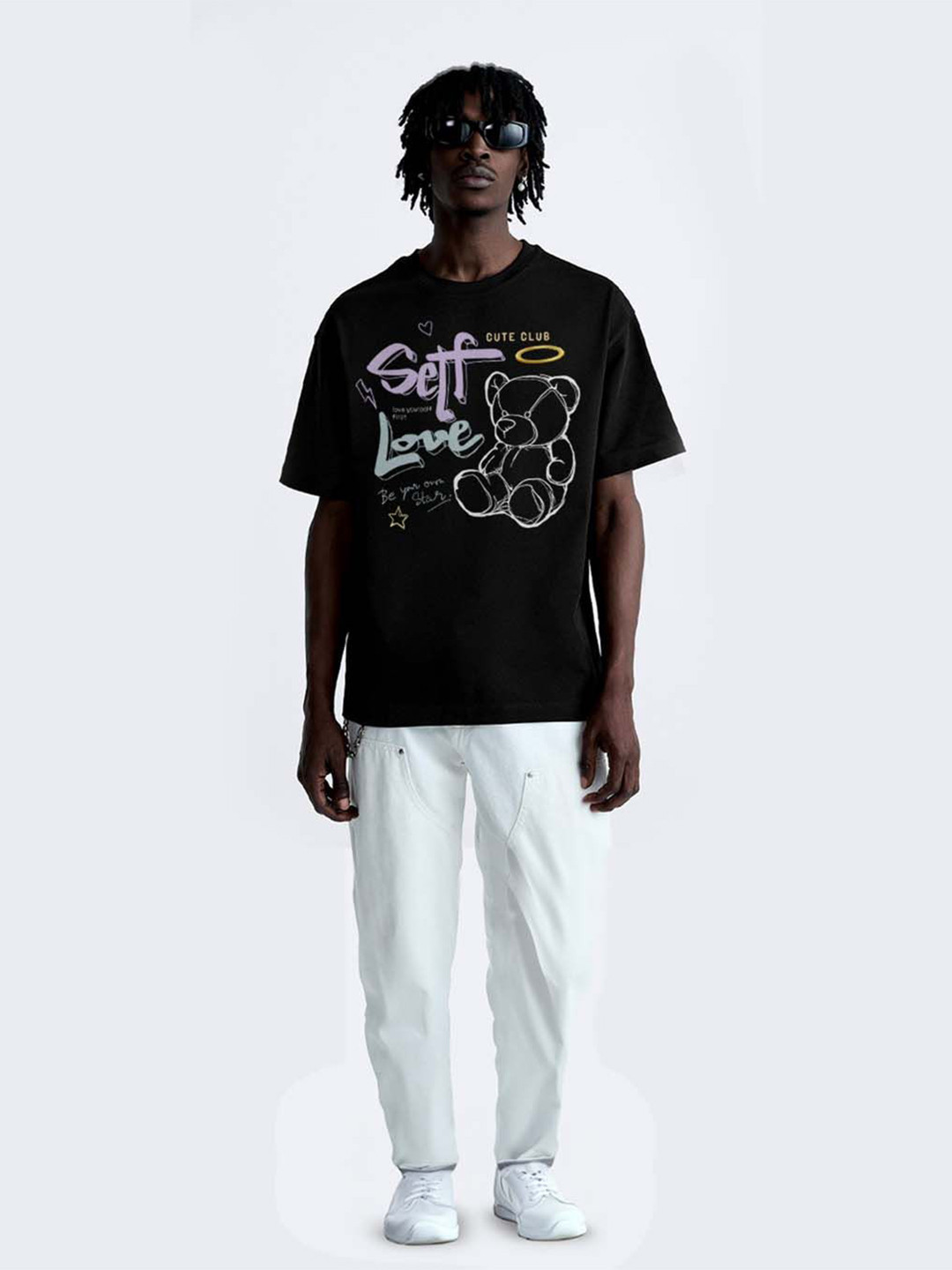 

OFFMINT Men Typography Printed Round Neck Cotton Oversized T-shirt, Black