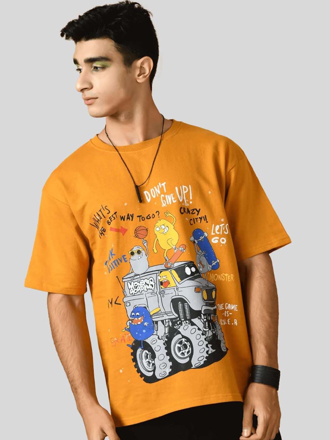 

OFFMINT Men Graphic Printed Round Neck Cotton Oversized T-shirt, Mustard
