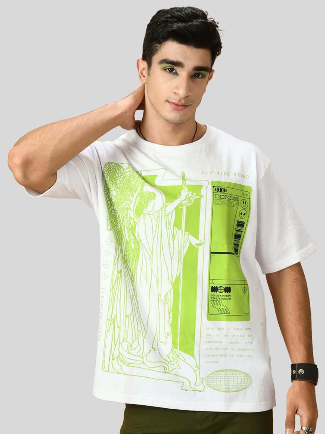 

OFFMINT Men Graphic Printed Round Neck Cotton Oversized T-shirt, White