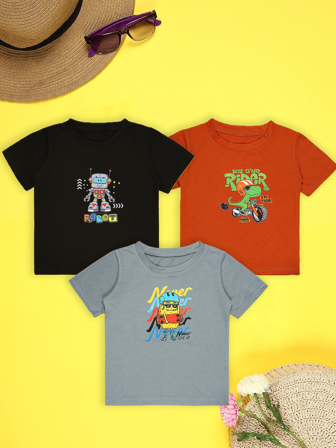 

Cutiekins Boys Pack Of 3 Graphic Printed Round Neck T-shirt, Black