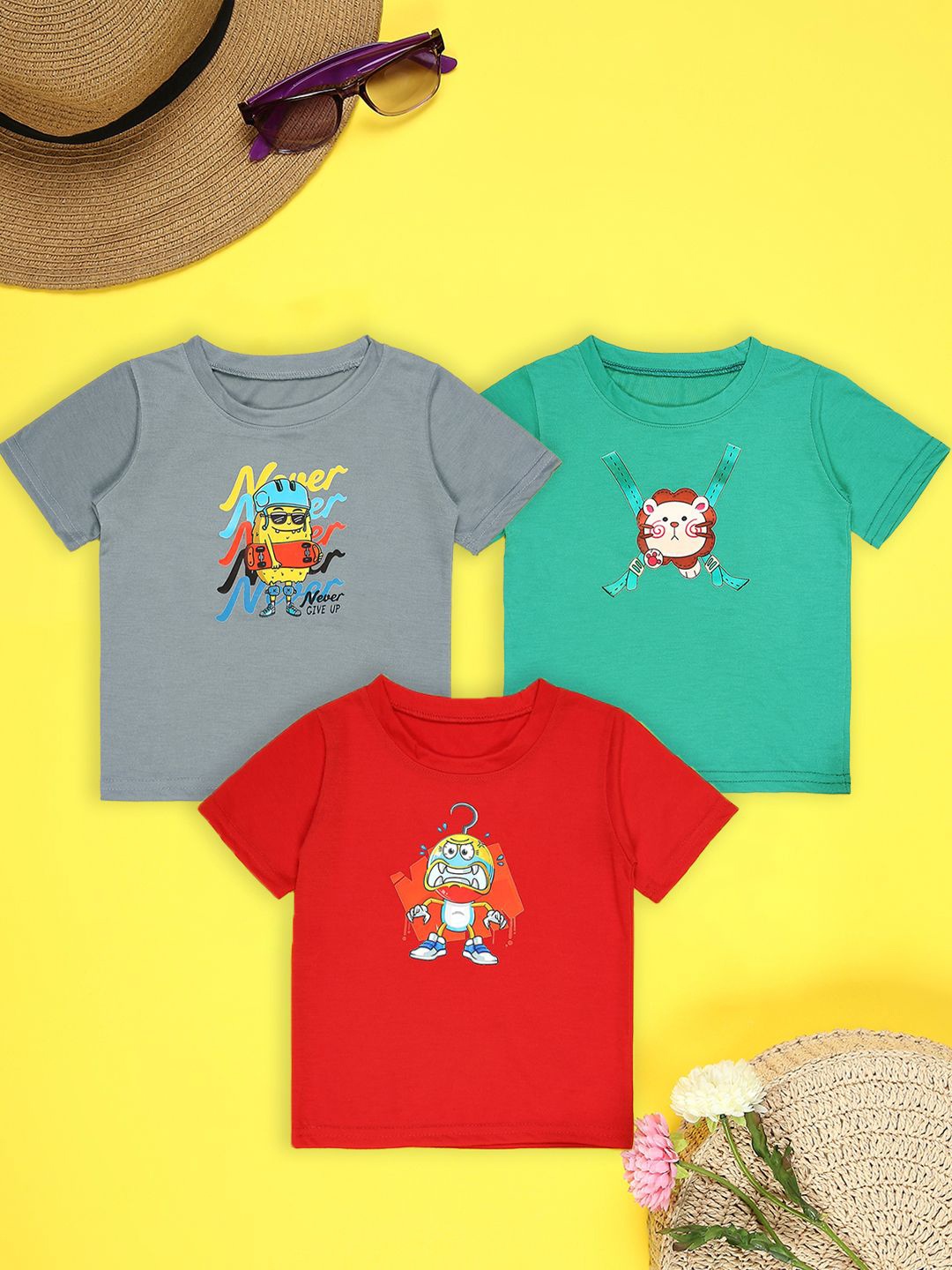 

Cutiekins Boys Pack Of 3 Graphic Printed Round Neck T-shirt, Grey