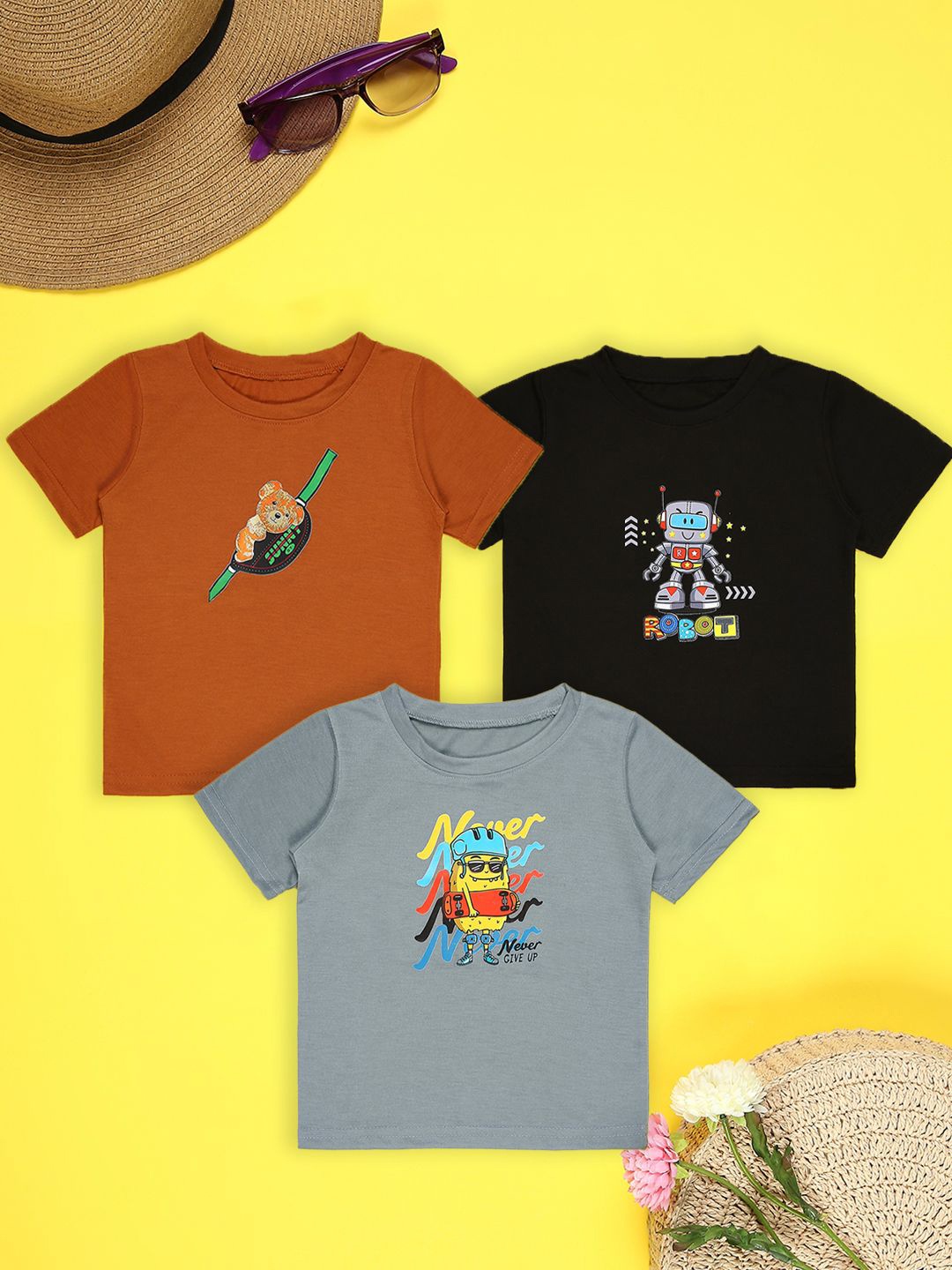 

Cutiekins Boys Pack Of 3 Graphic Printed Round Neck T-shirt, Brown