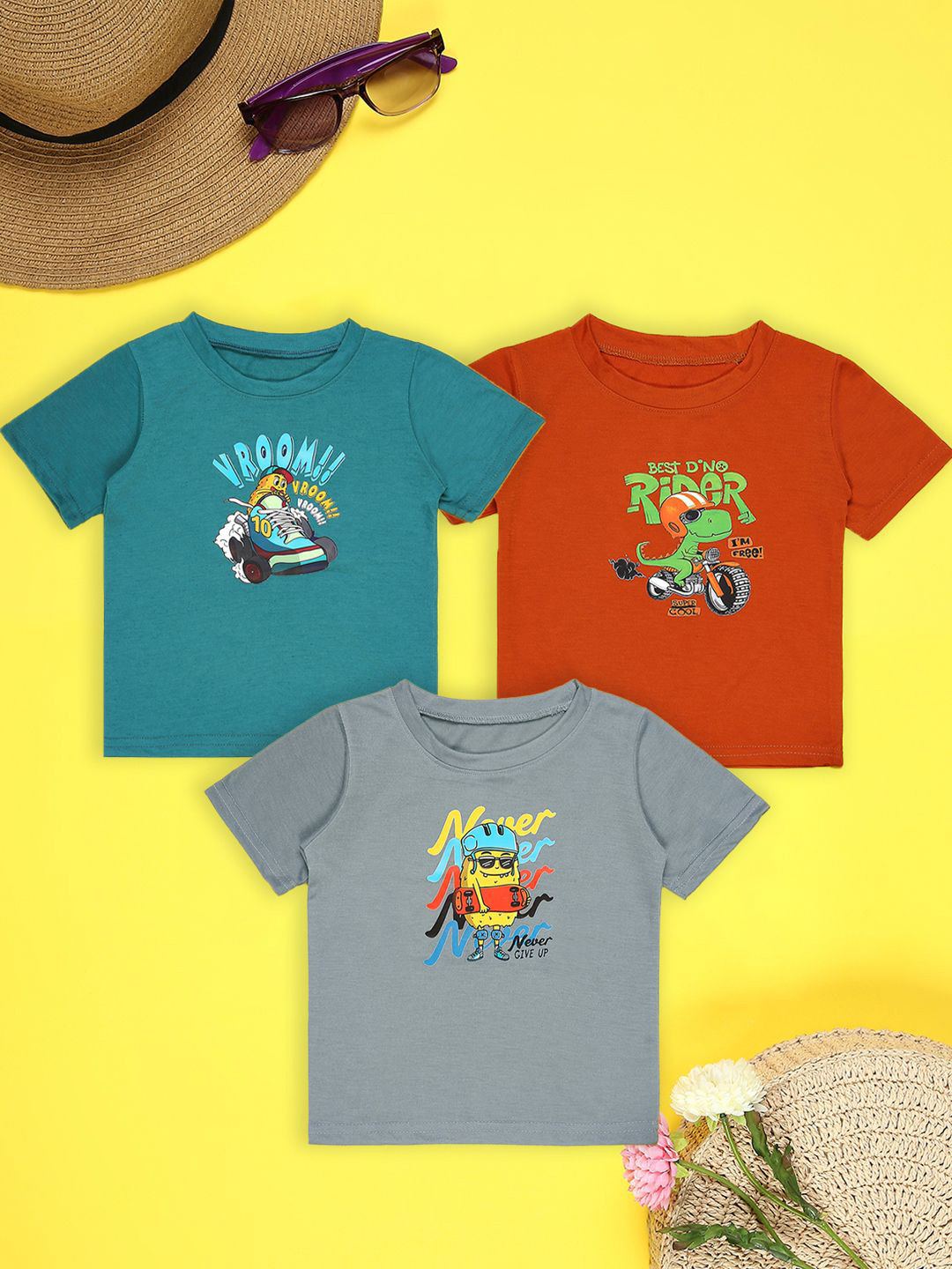 

Cutiekins Boys Pack Of 3 Graphic Printed Round Neck T-shirt, Teal