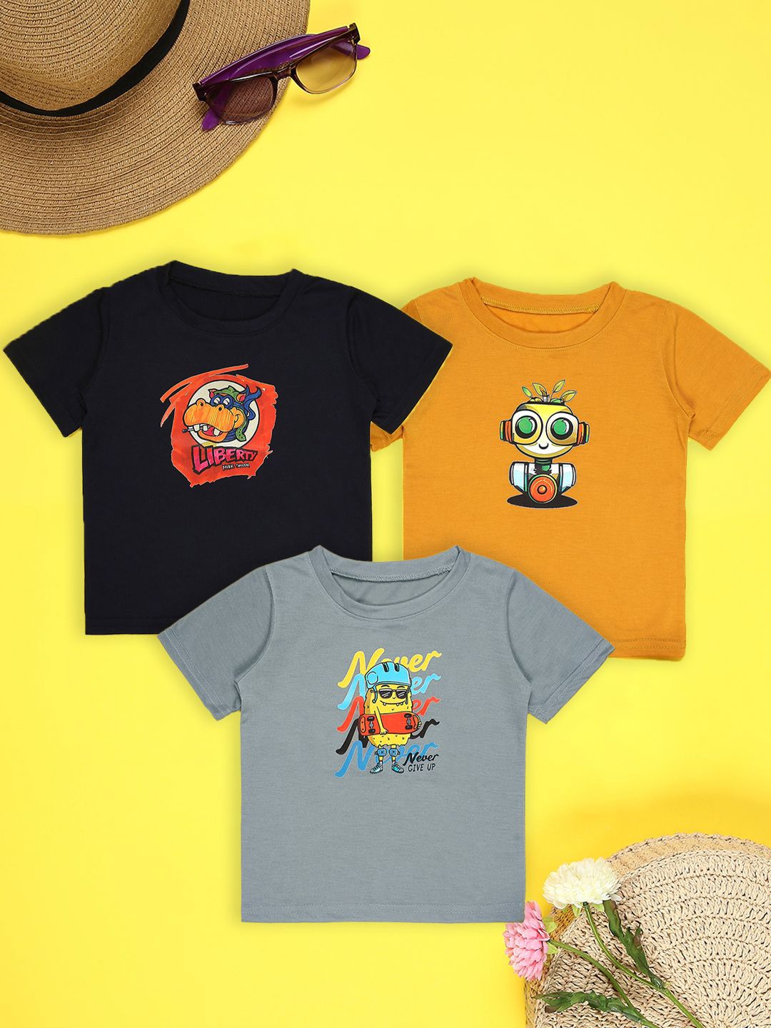 

Cutiekins Boys Pack Of 3 Graphic Printed Round Neck T-shirt, Navy blue