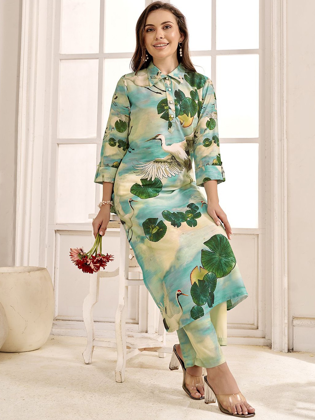 

Anouk Beige Abstract Printed Shirt Collar Tunic & Trouser