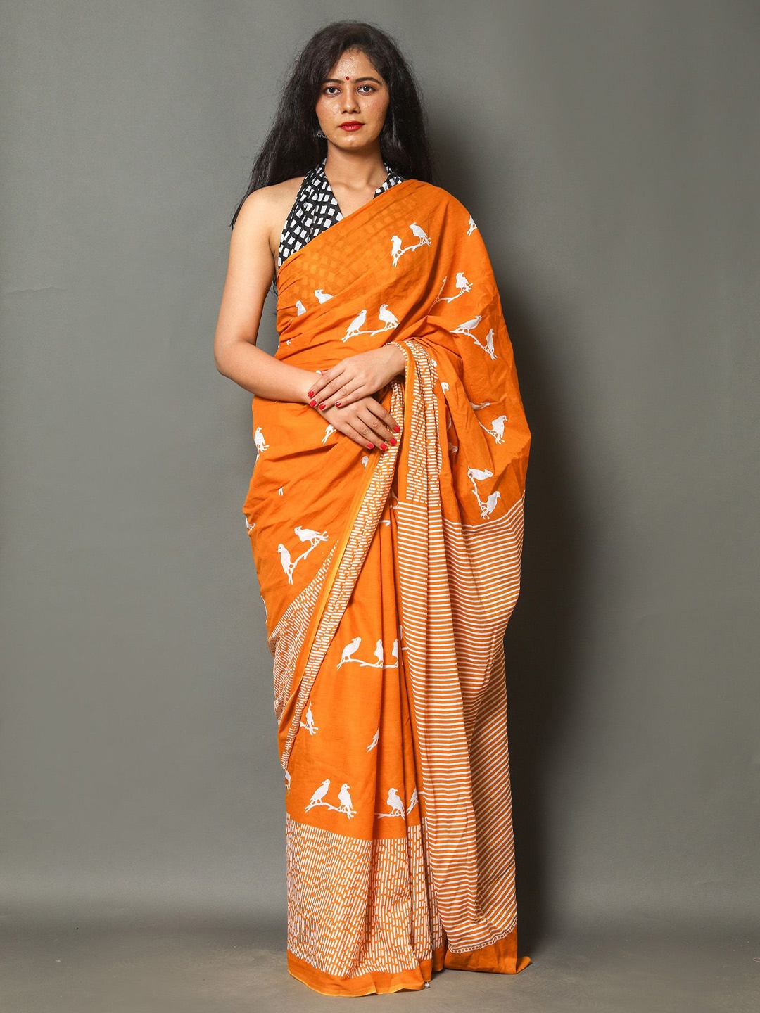 

JAIPURI PRINT Kalamkari Pure Cotton Block Print Saree, Orange