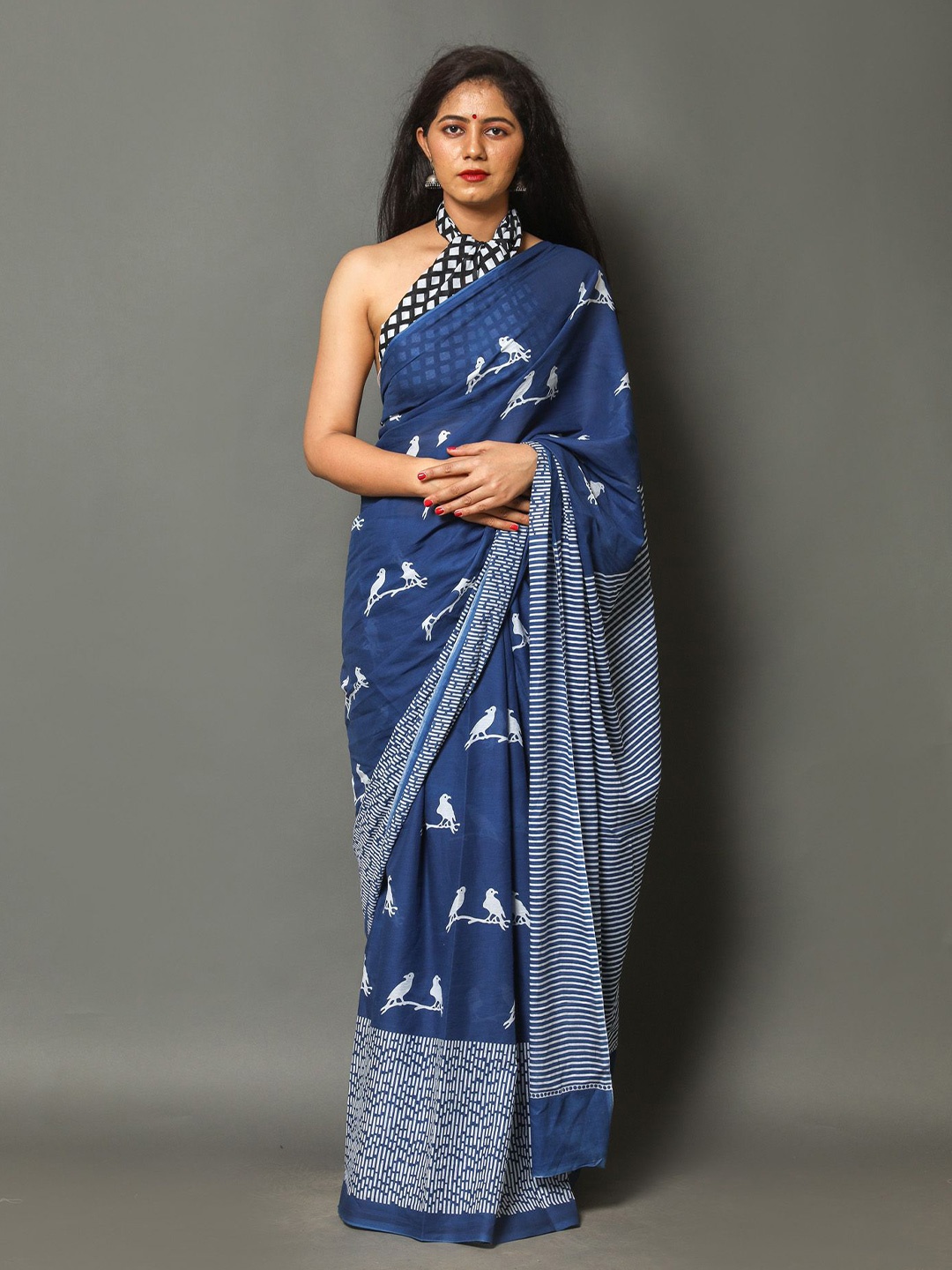 

JAIPURI PRINT Ethnic Motifs Pure Cotton Block Print Saree, Blue