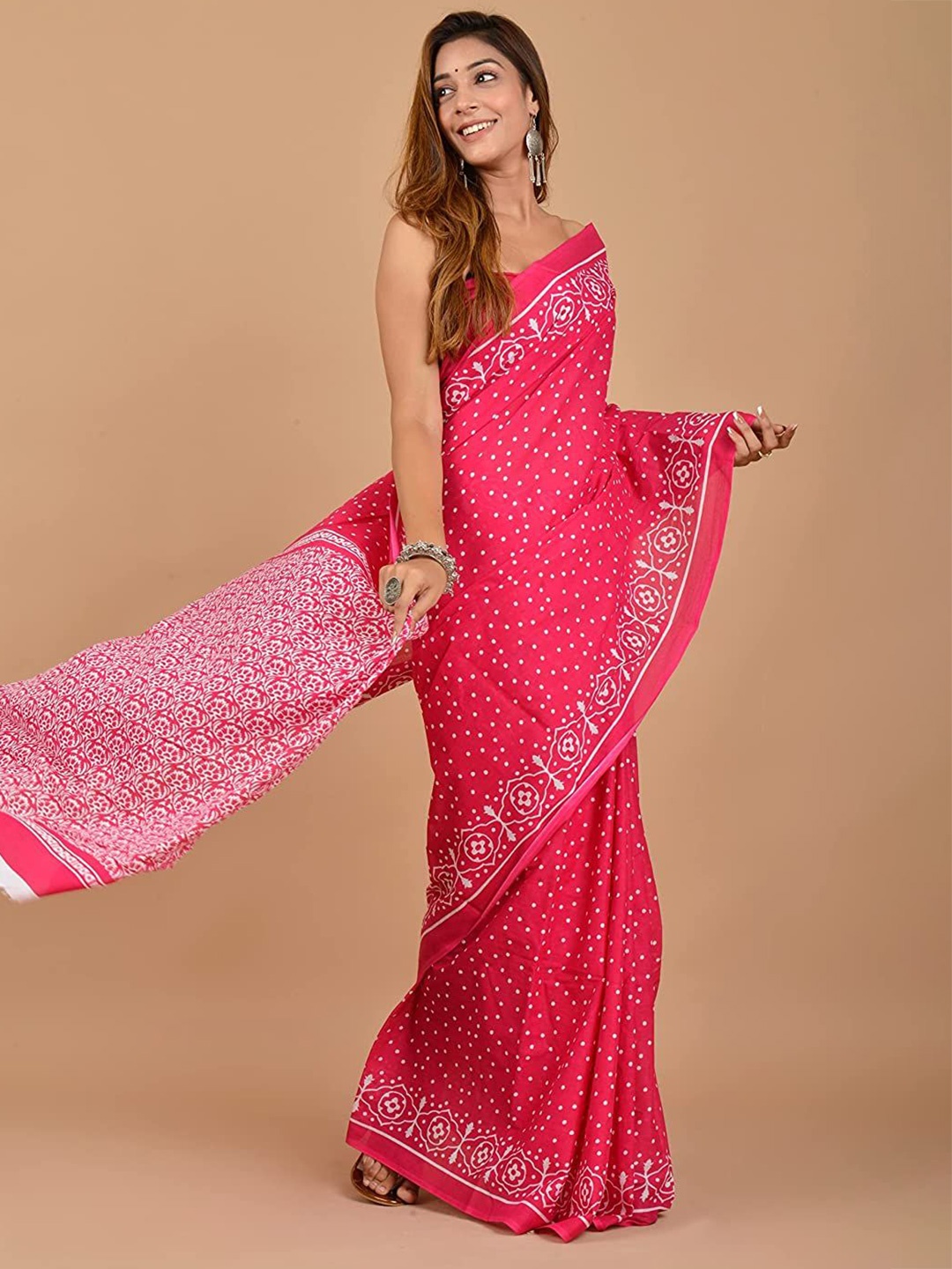 

JAIPURI PRINT Polka Dot Pure Cotton Block Print Saree, Pink