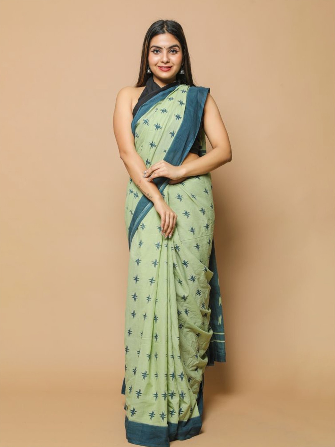 

JAIPURI PRINT Pure Cotton Block Print Saree, Sea green