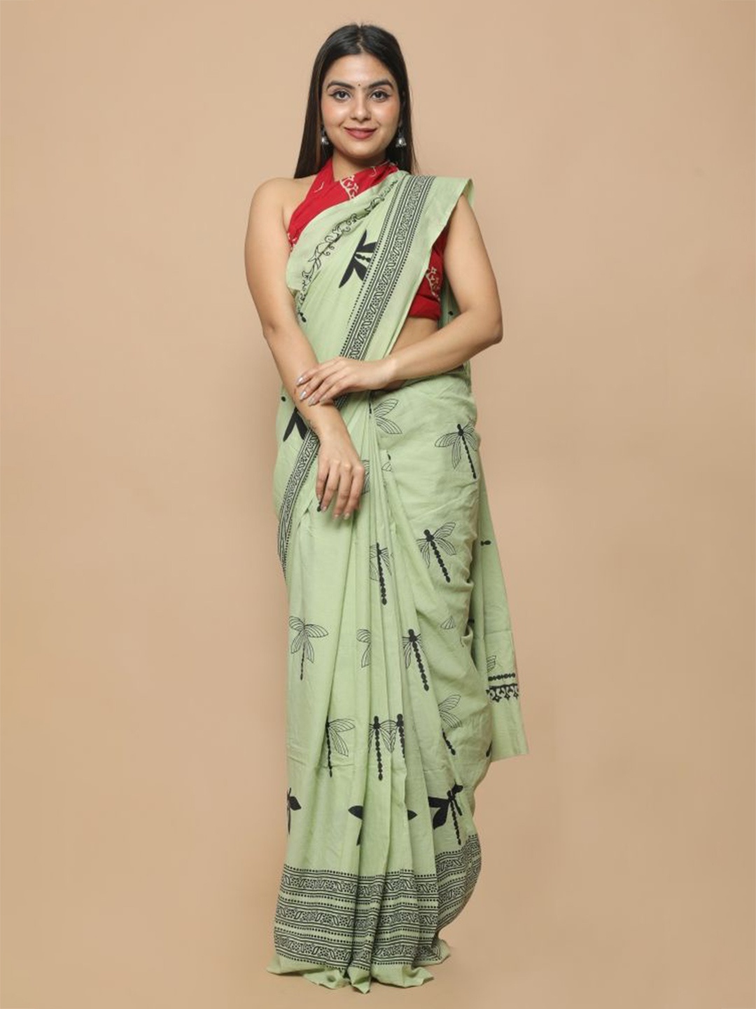 

JAIPURI PRINT Pure Cotton Block Print Saree, Lime green