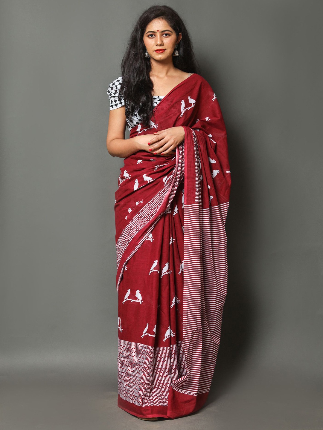 

JAIPURI PRINT Kalamkari Pure Cotton Block Print Saree, Maroon