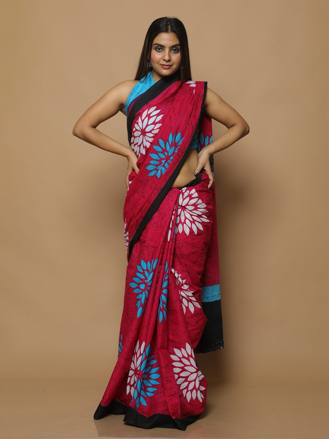 

JAIPURI PRINT Floral Pure Cotton Block Print Saree, Red