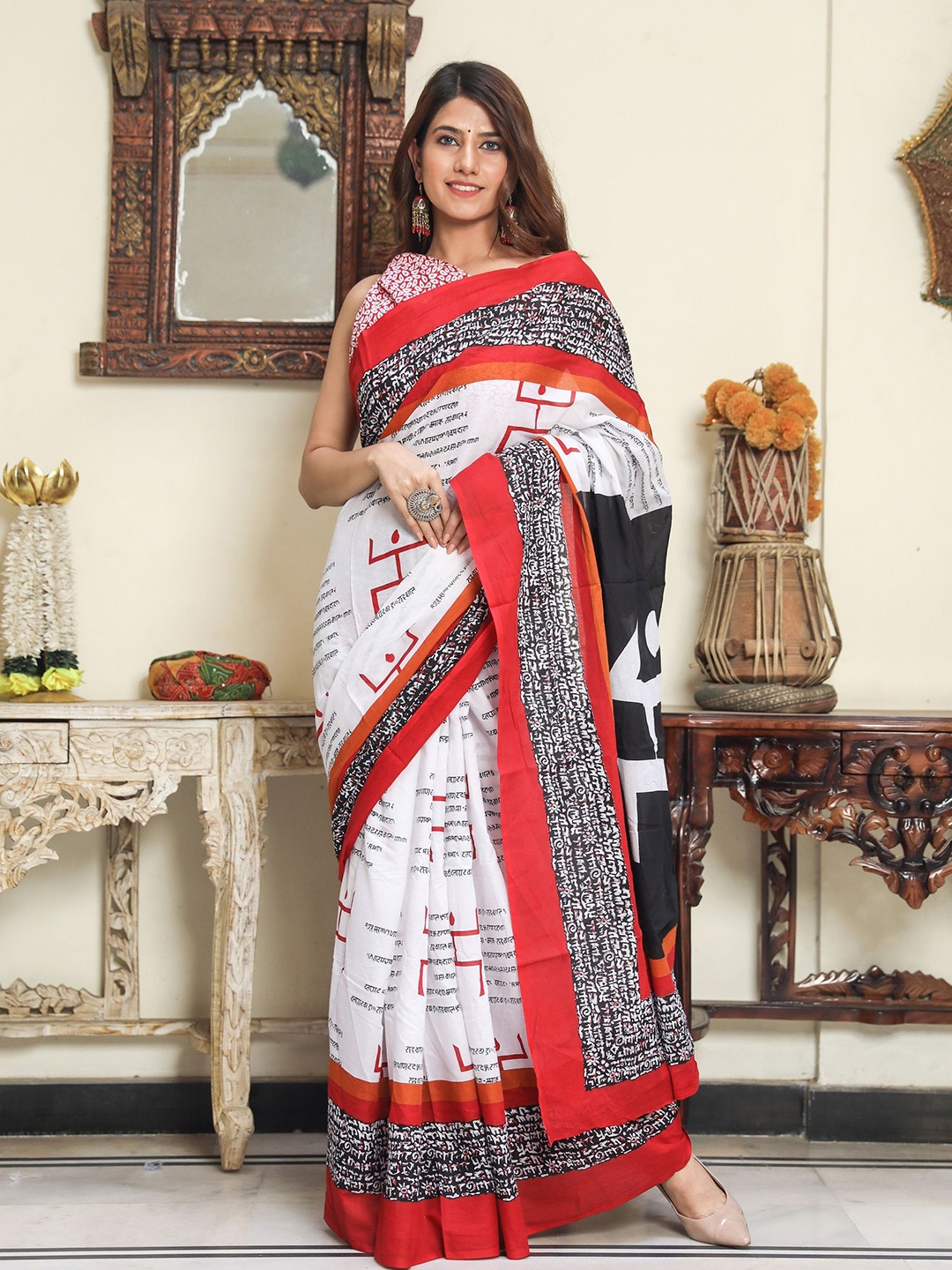 

JAIPURI PRINT Kalamkari Pure Cotton Block Print Saree, White