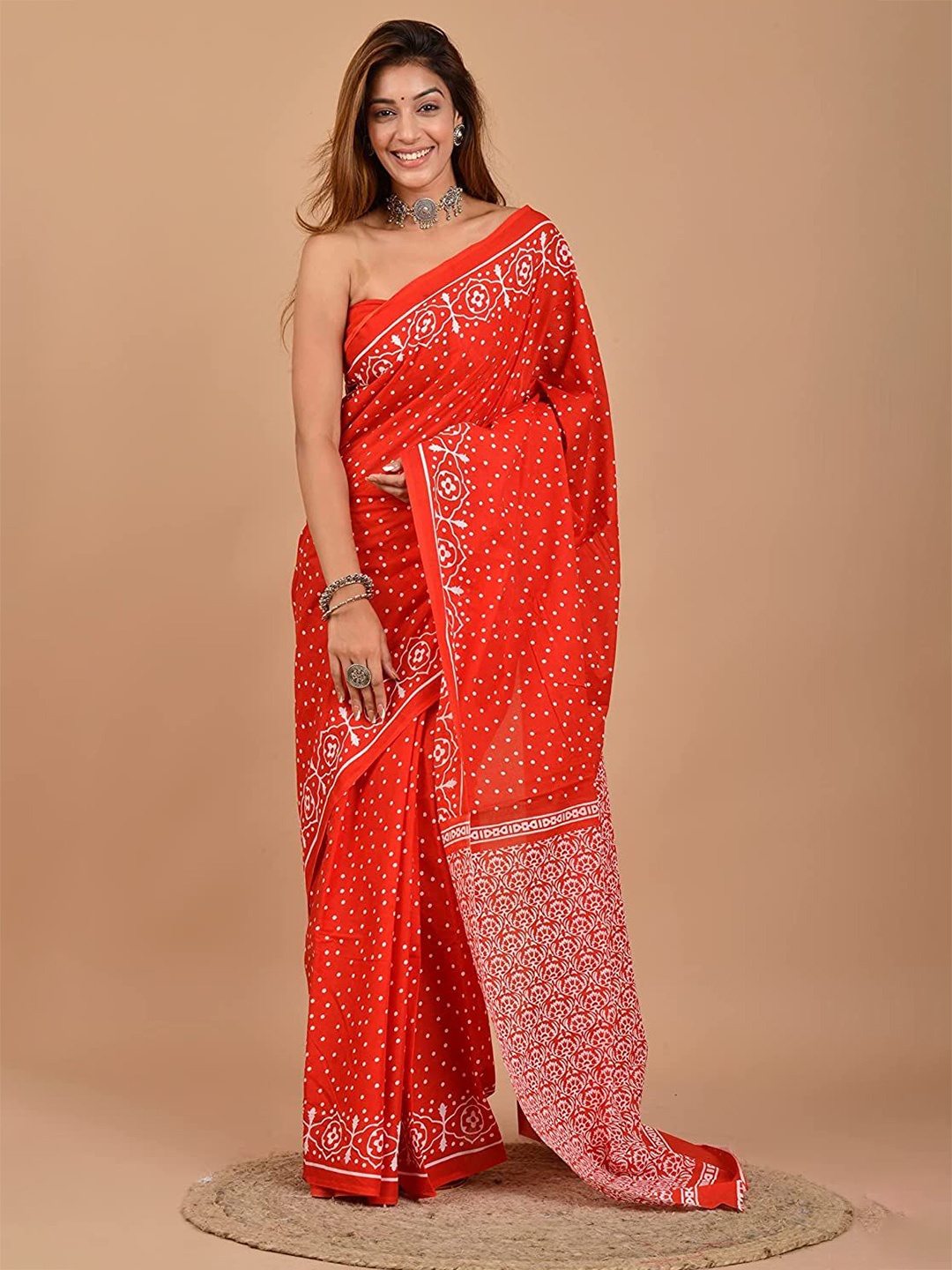 

JAIPURI PRINT Polka Dot Pure Cotton Block Print Saree, Red