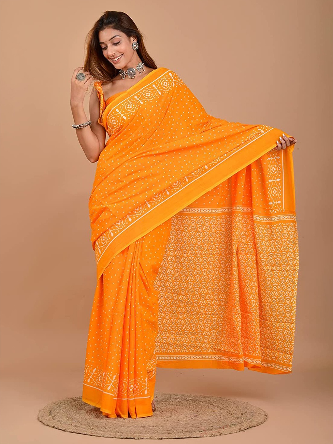 

JAIPURI PRINT Polka Dot Pure Cotton Block Print Saree, Orange