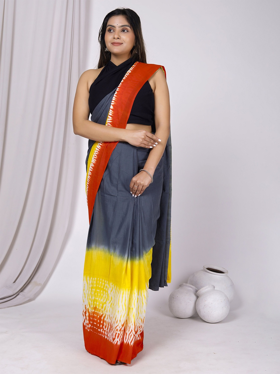 

JAIPURI PRINT Tie and Dye Pure Cotton Ombre Saree, Grey