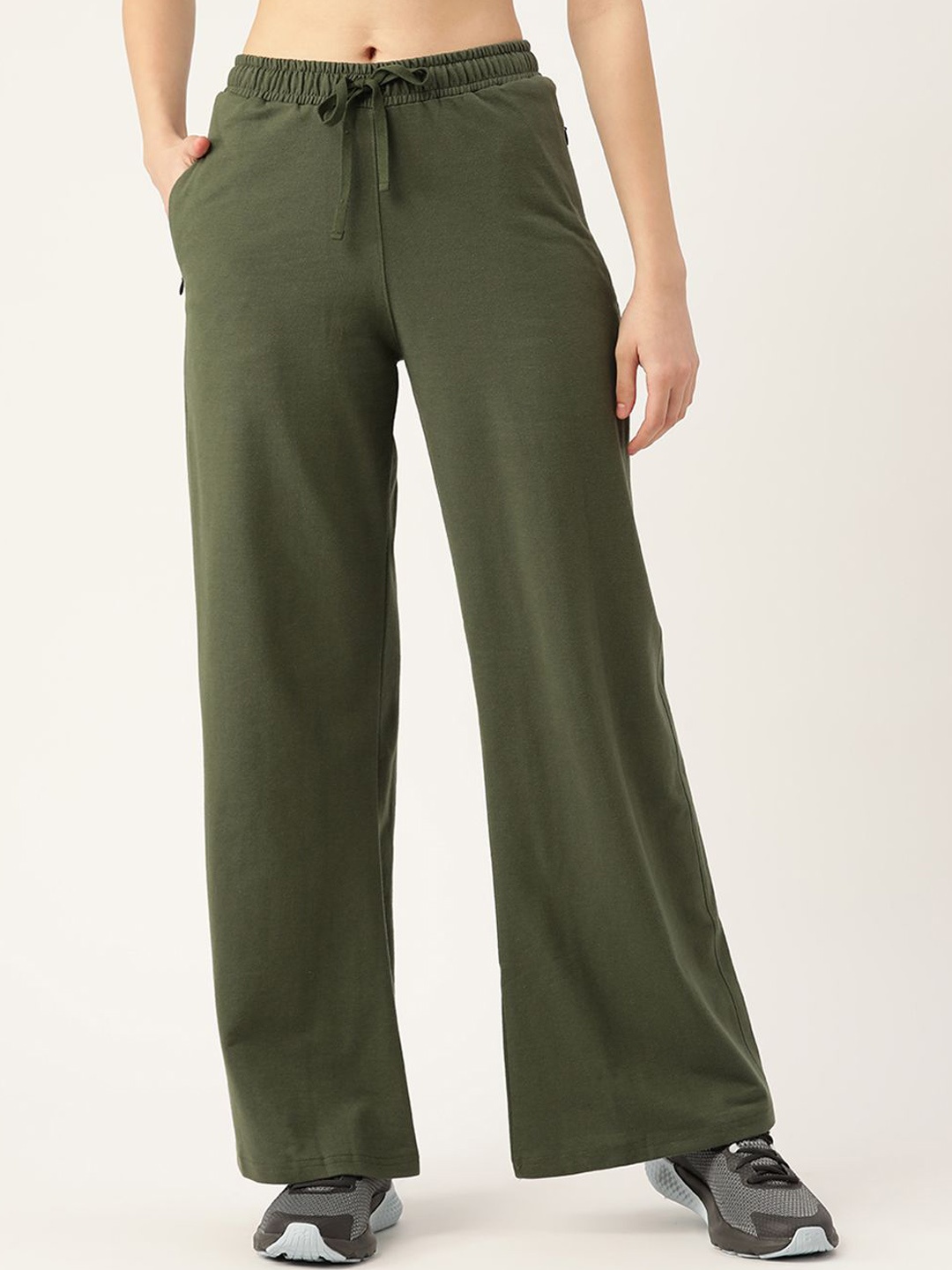 

FEMEA Women Cotton Mid Rise Wide Leg Track Pants, Olive
