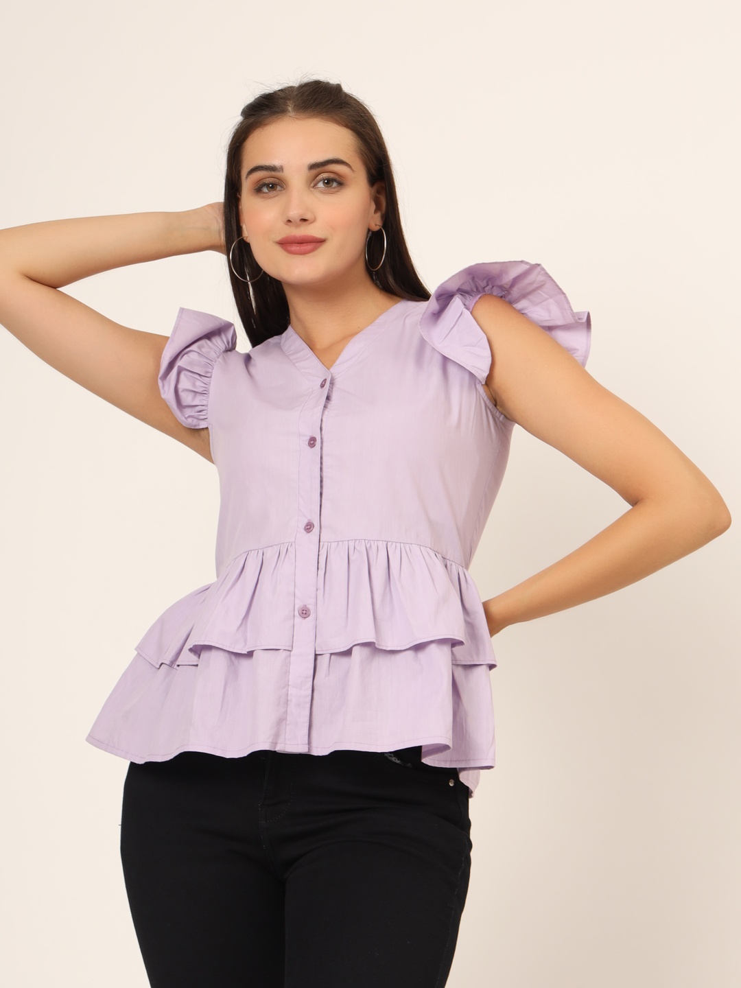 

CHARMGAL Cotton Solid Peplum Top, Lavender