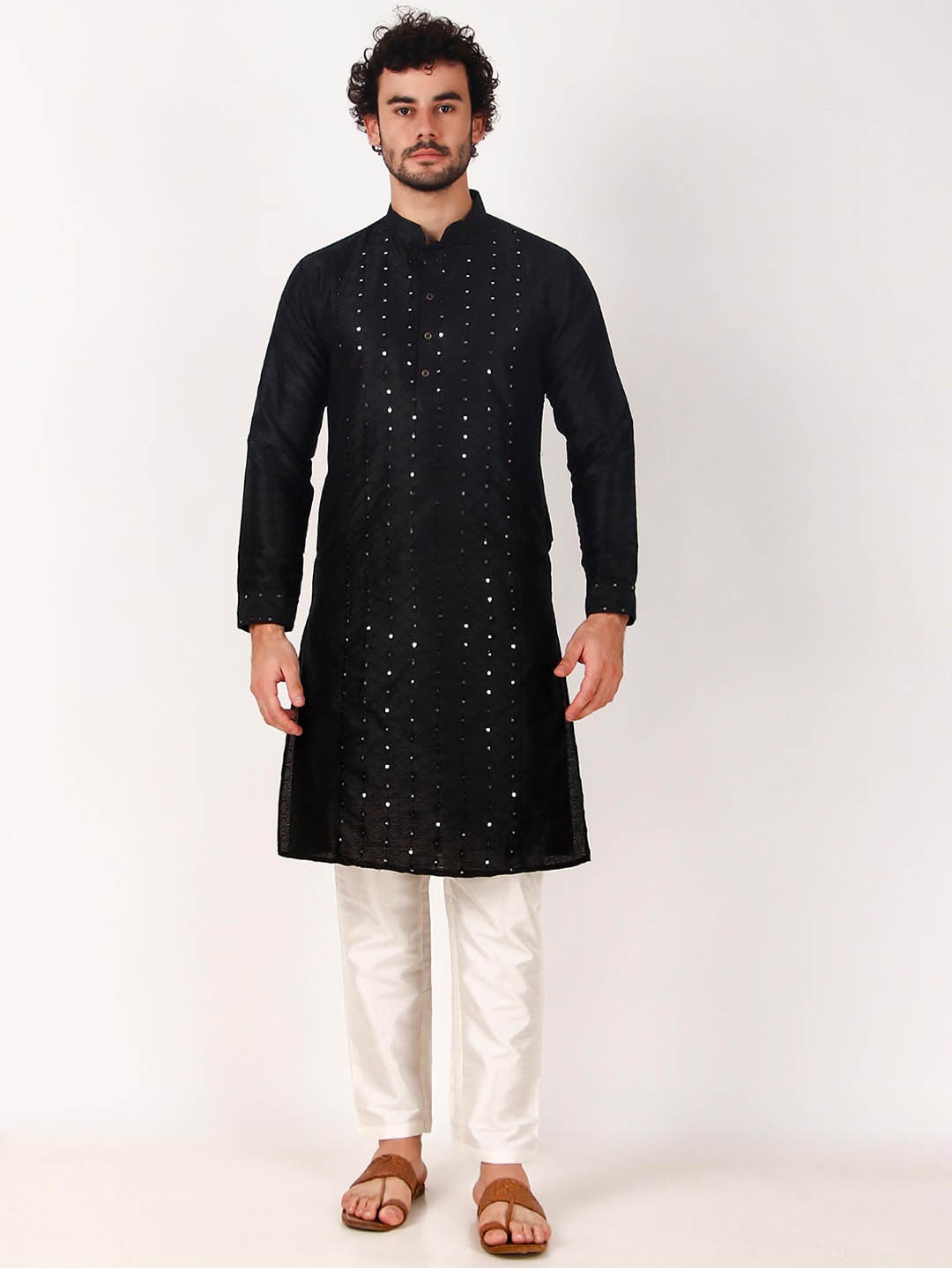 

Cult Indie Geometric Woven Design Mandarin Collar Mirror Work Straight Kurta, Black