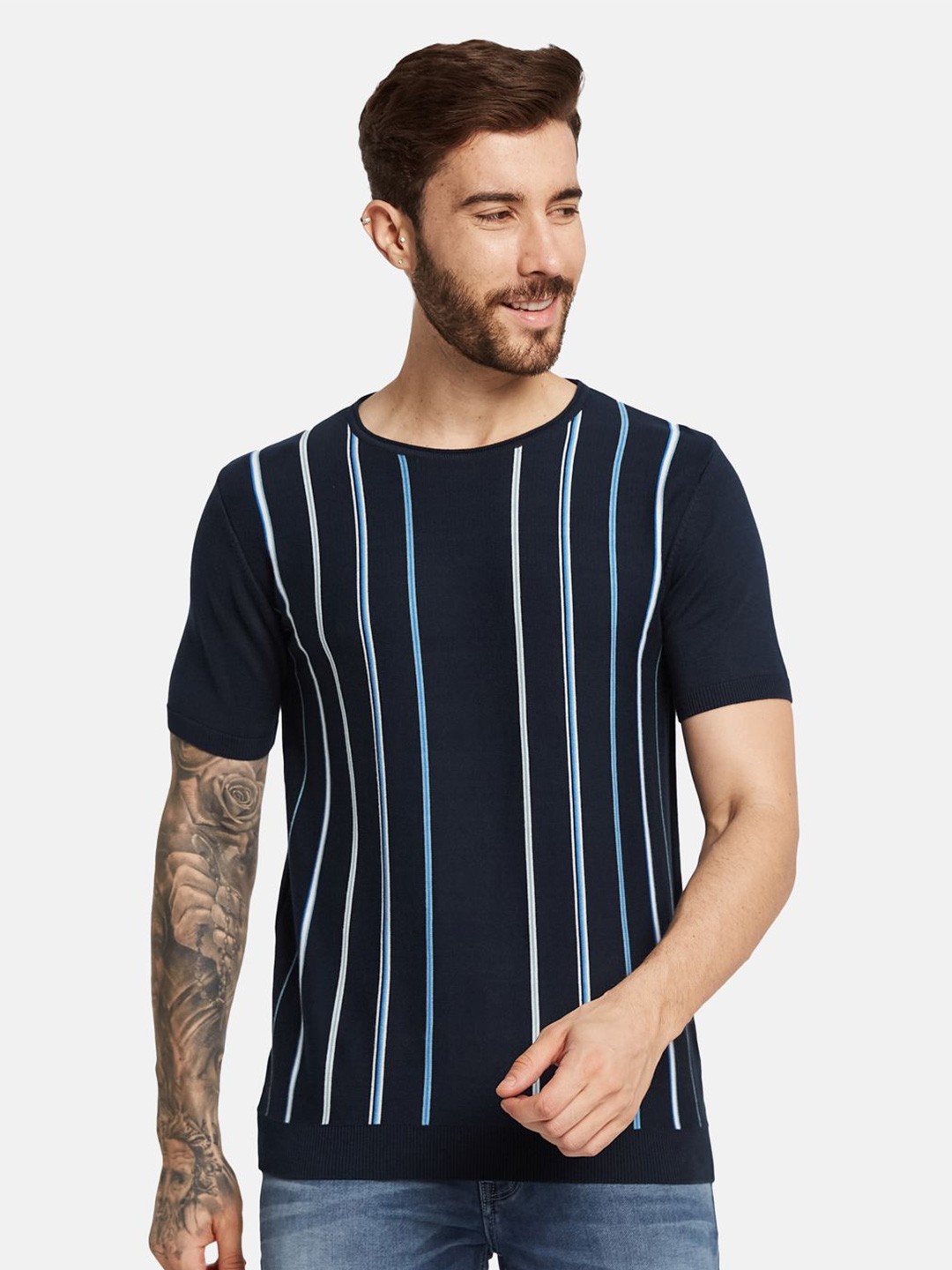 

METTLE Men Round Neck Striped T-shirt, Navy blue