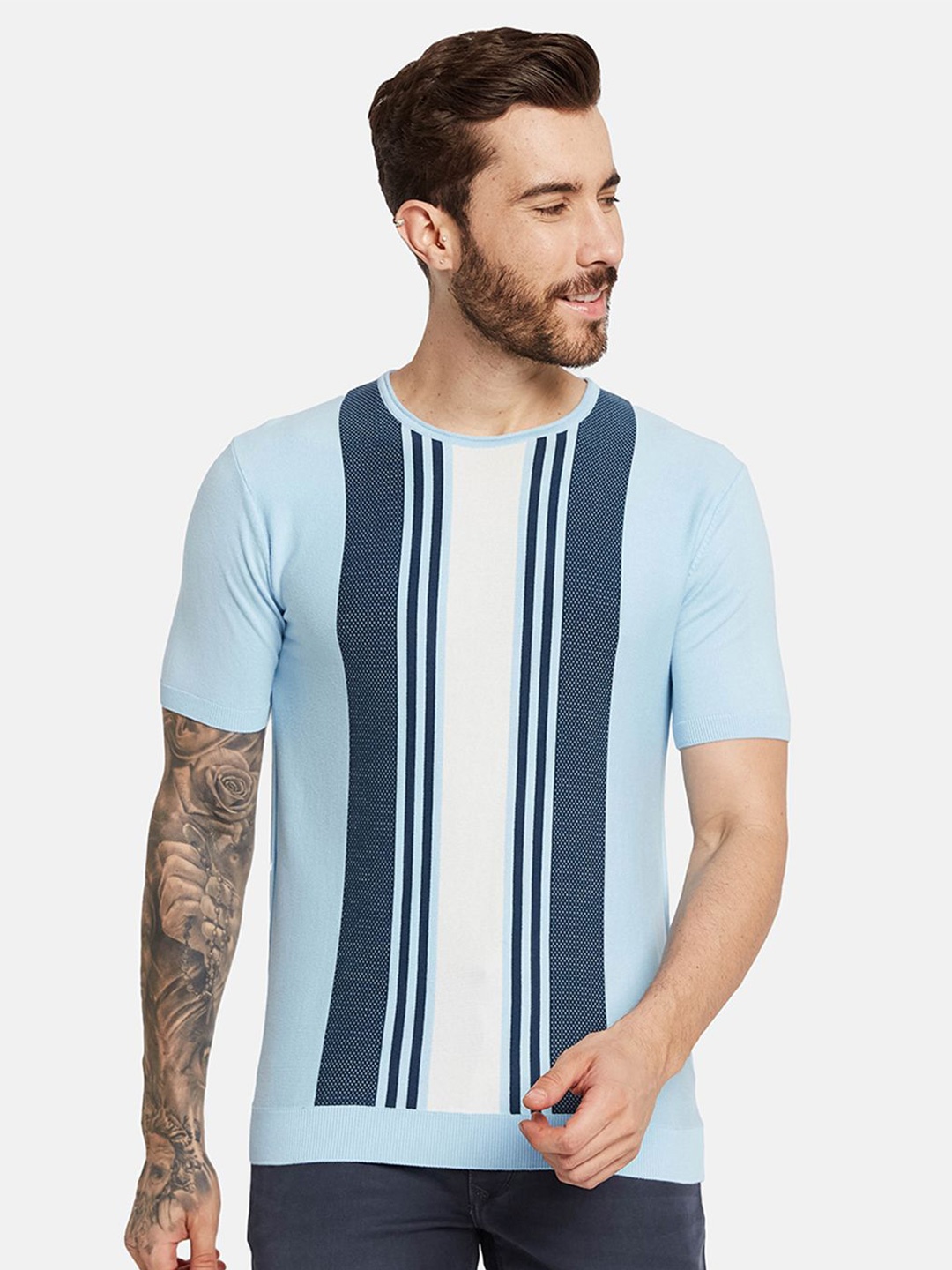 

METTLE Men Striped Round Neck T-shirt, Blue