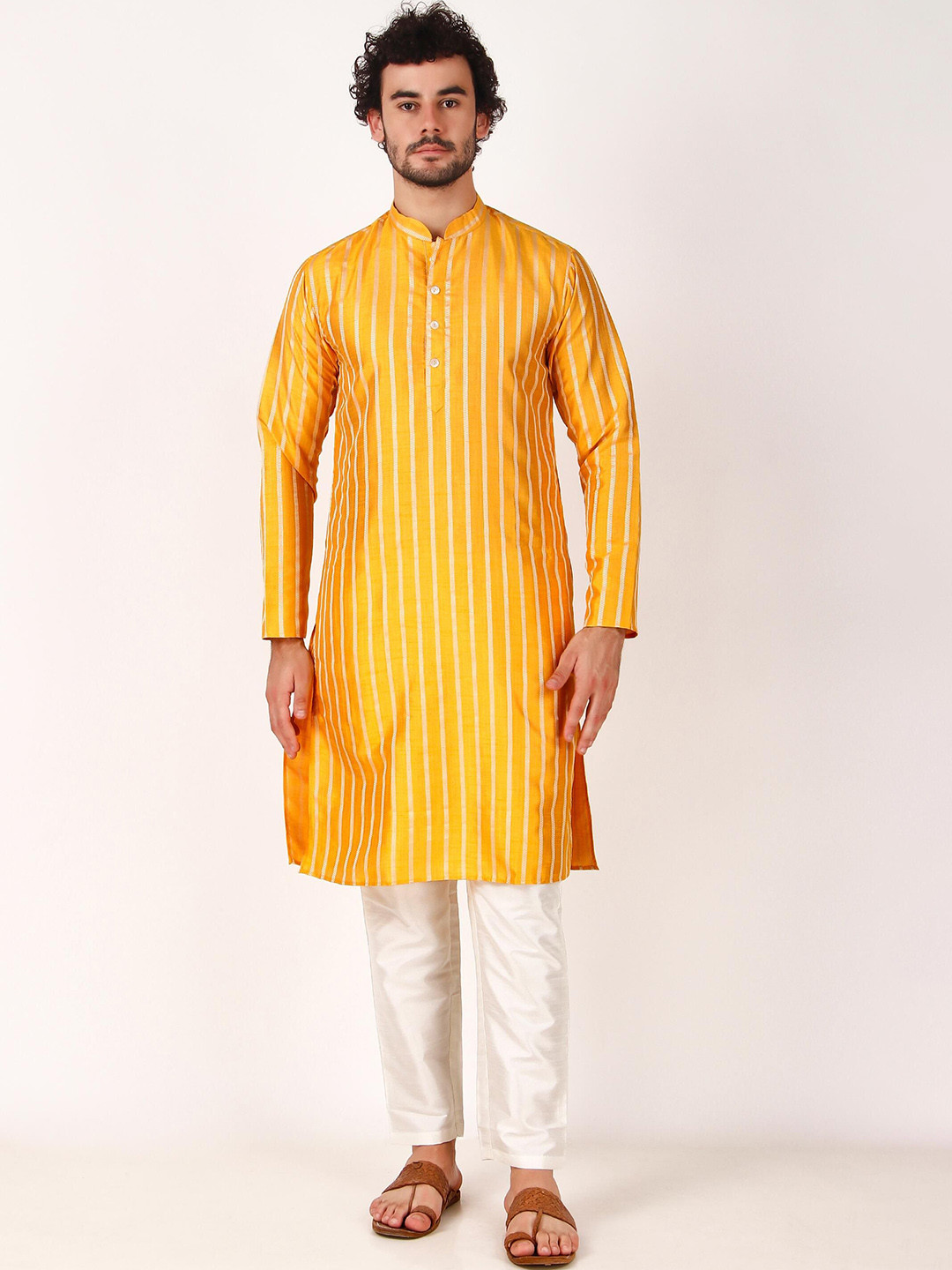 

Cult Indie Striped Woven Design Mandarin Collar Straight Kurta, Yellow