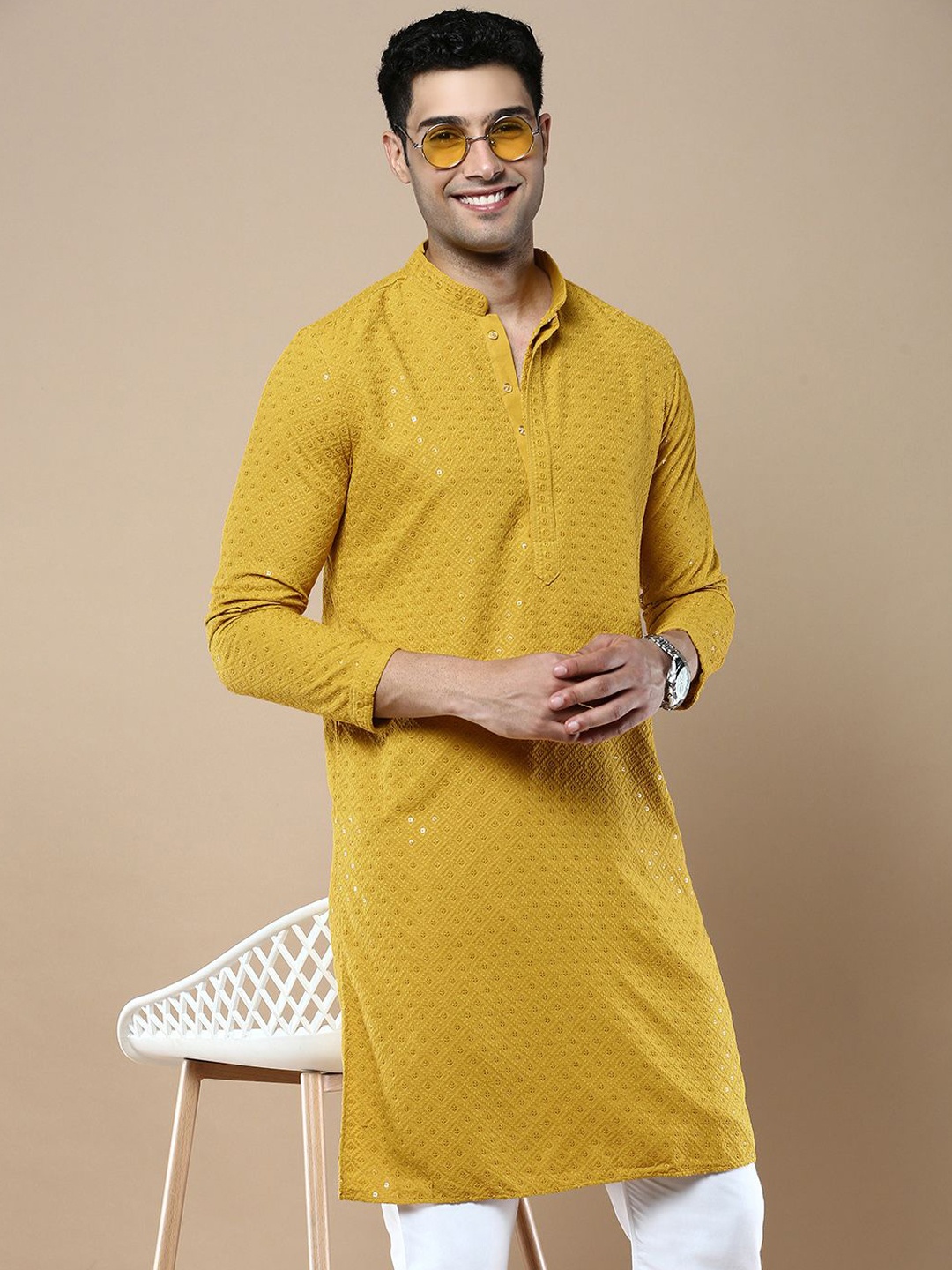 

Anouk Ethnic Motifs Embroidered Sequins Cotton Straigth Kurta, Yellow