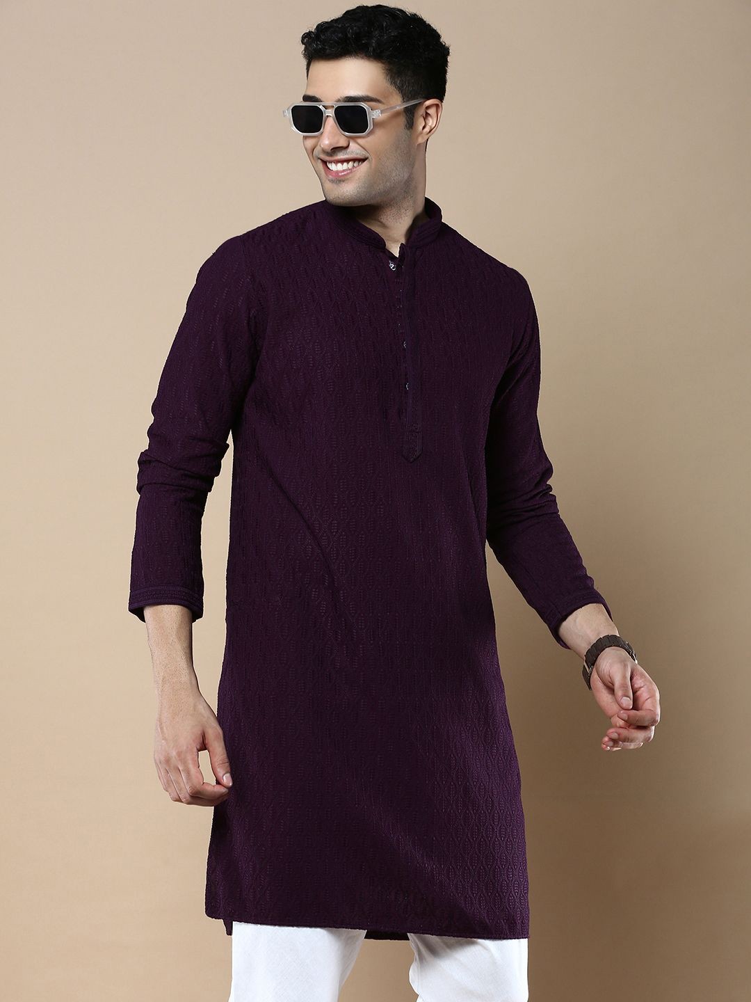 

Anouk Floral Woven Design Mandarin Collar Chikankari Straight Kurta, Purple