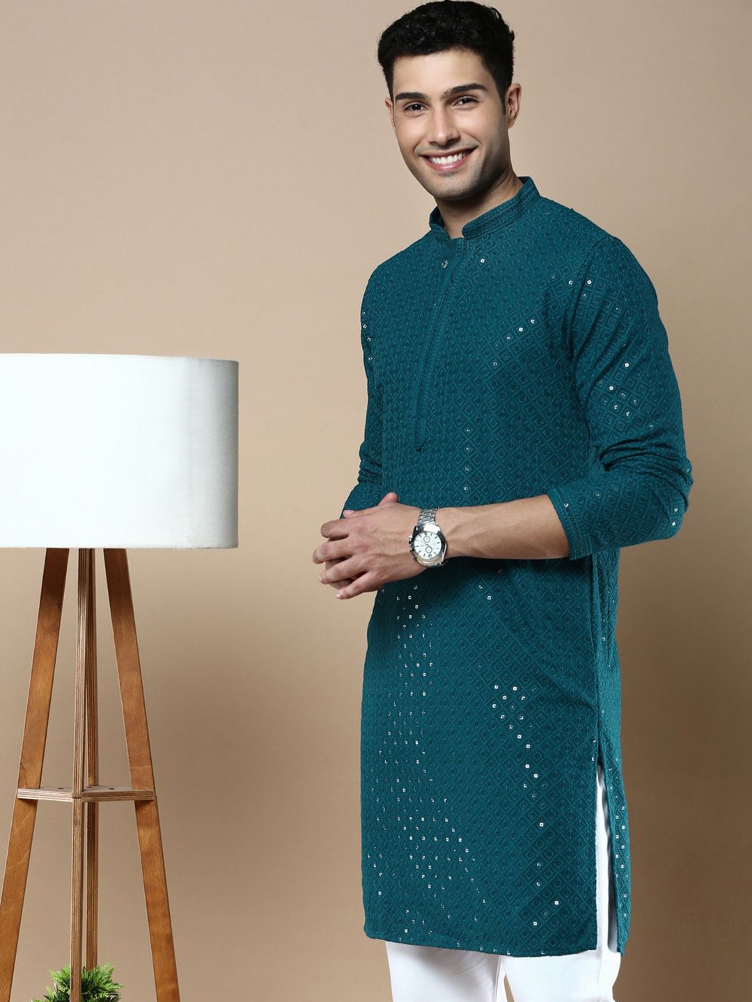 

Anouk Teal Green Ethnic Motifs Embroidered Mandarin Collar Chikankari Straight Kurta