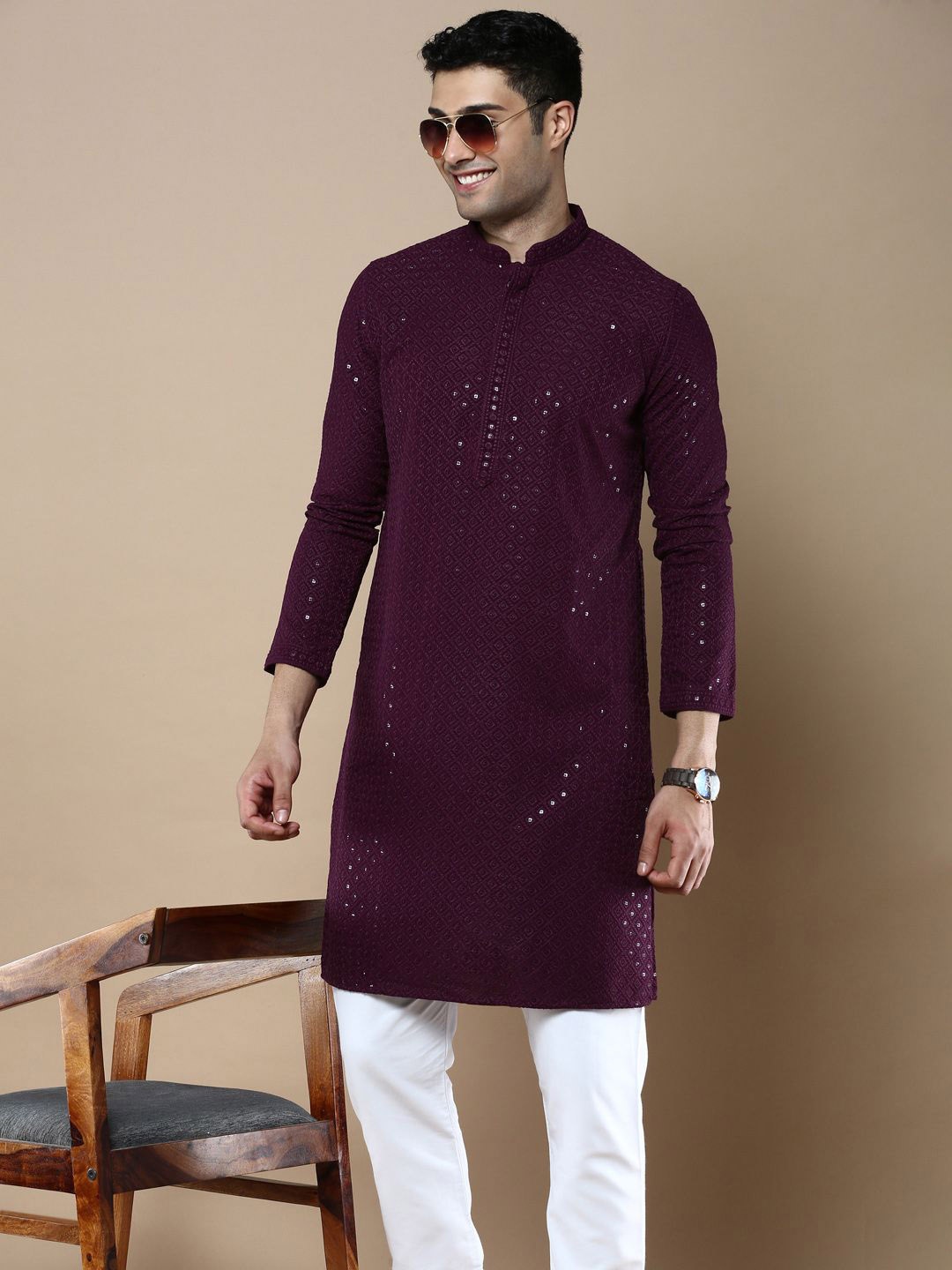 

Anouk Purple Ethnic Motifs Embroidered Mandarin Collar Chikankari Straight Kurta