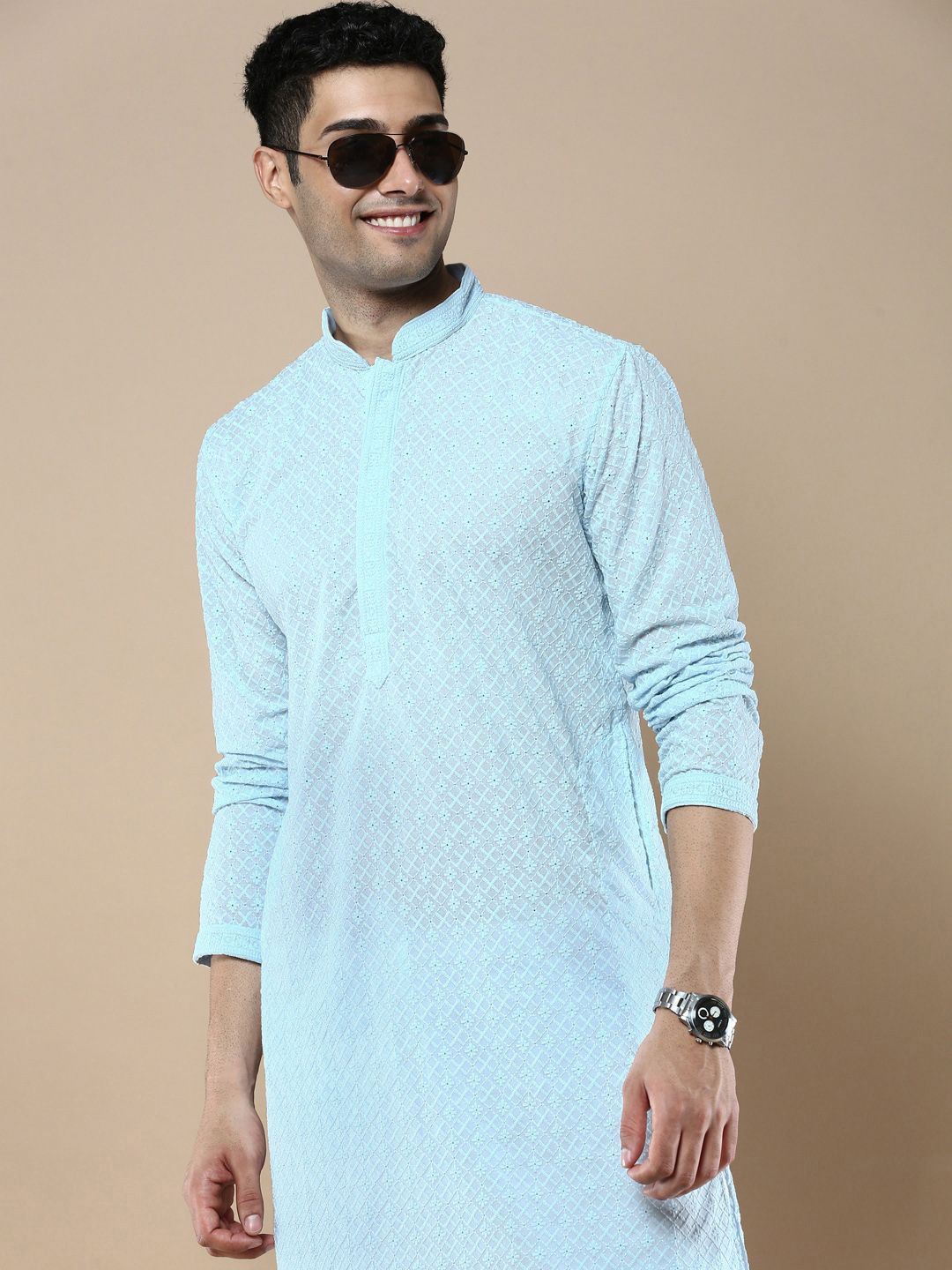 

Anouk Blue Ethnic Motifs Embroidered Mandarin Collar Chikankari Straight Kurta