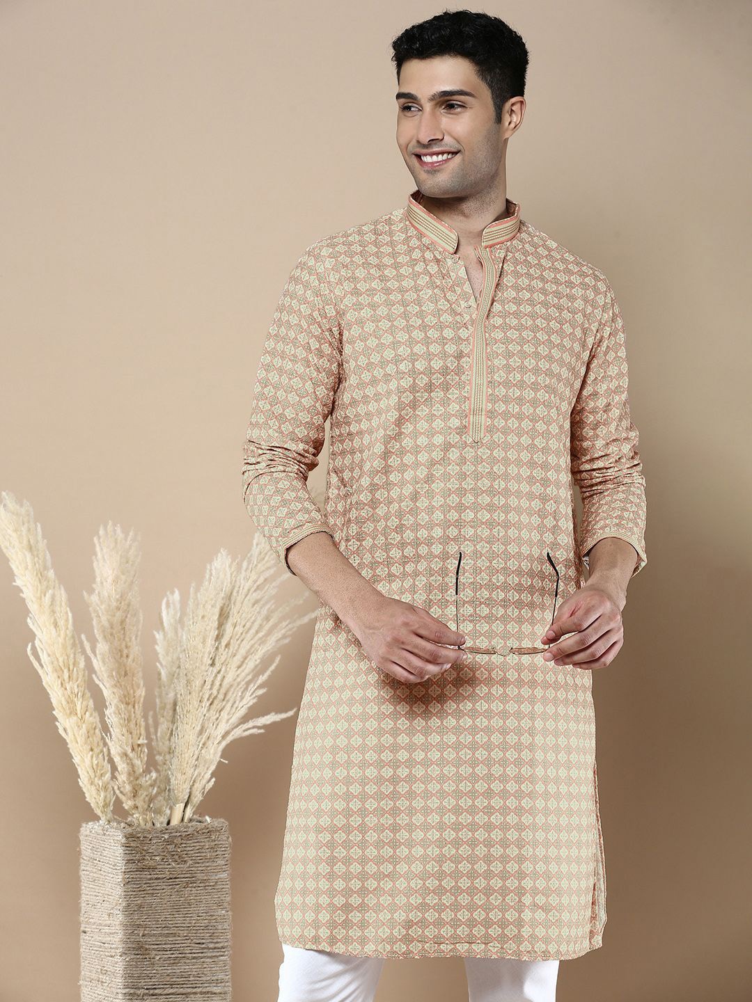 

Anouk Beige Geometric Printed Mandarin Collar Chikankari Cotton Straight Kurta