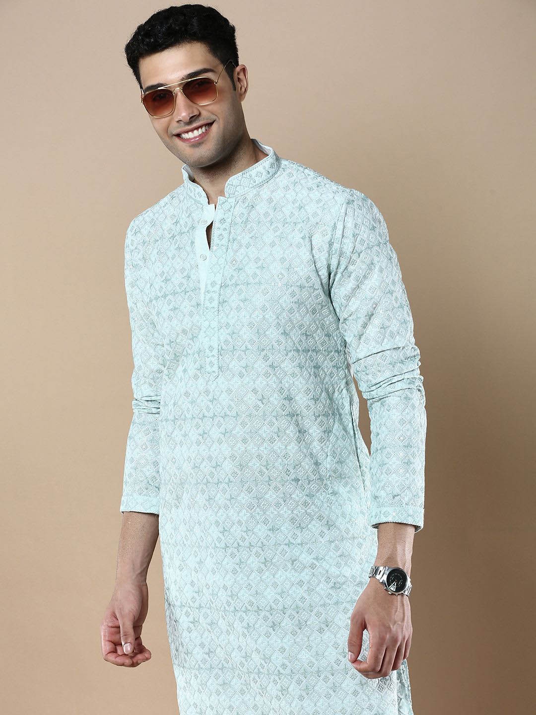 

Anouk Sea Green Geometric Printed Mandarin Collar Chikankari Cotton Straight Kurta