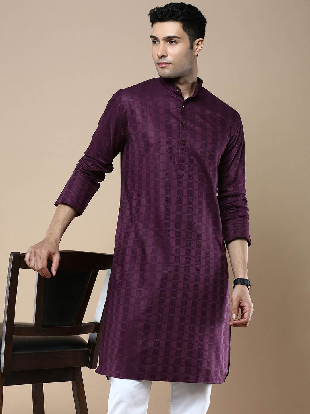 

Anouk Purple Striped Band Collar Cotton Silk Straight Kurta