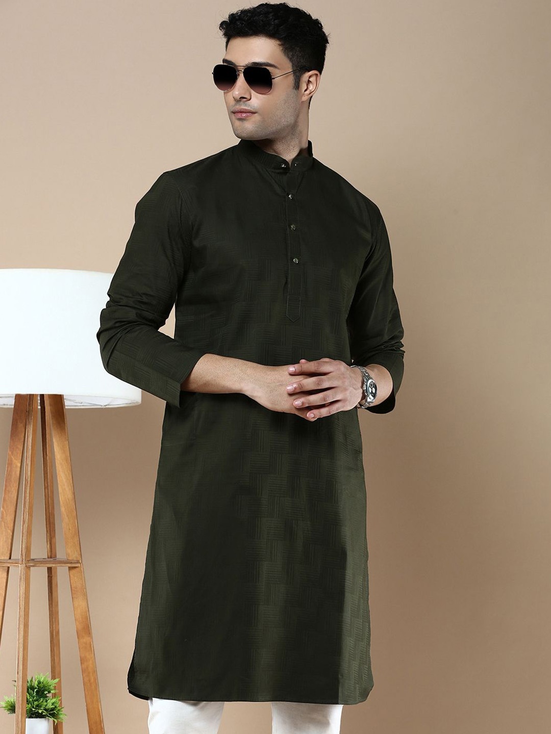 

Anouk Olive Green Striped Band Collar Cotton Silk Straight Kurta